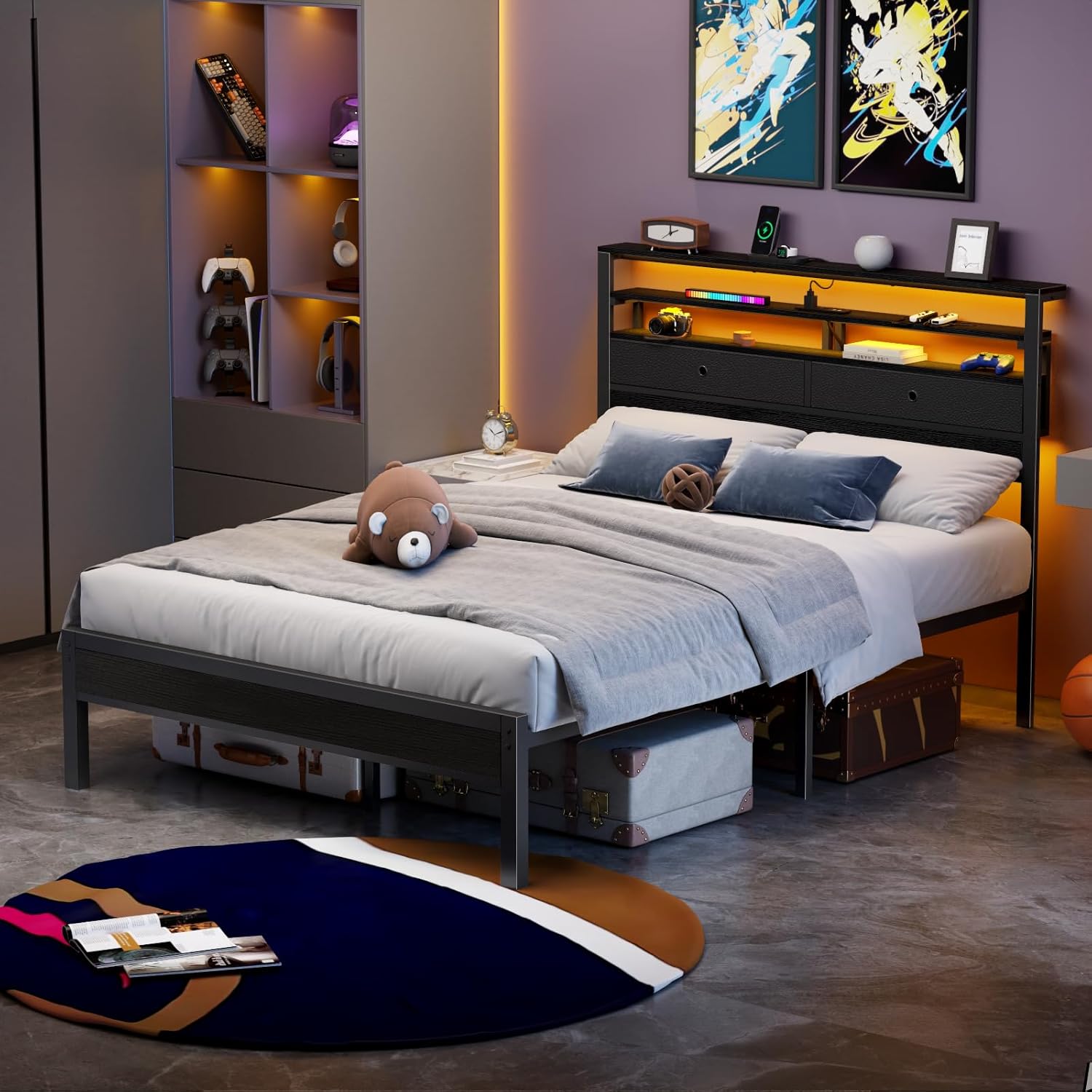 Furnulem Full Size Bed Frame with Headboard  2 Fabric Drawers  Bed Featuring LED Lights Built-in Charging Station  Storage Shelves No Box Spring Needed