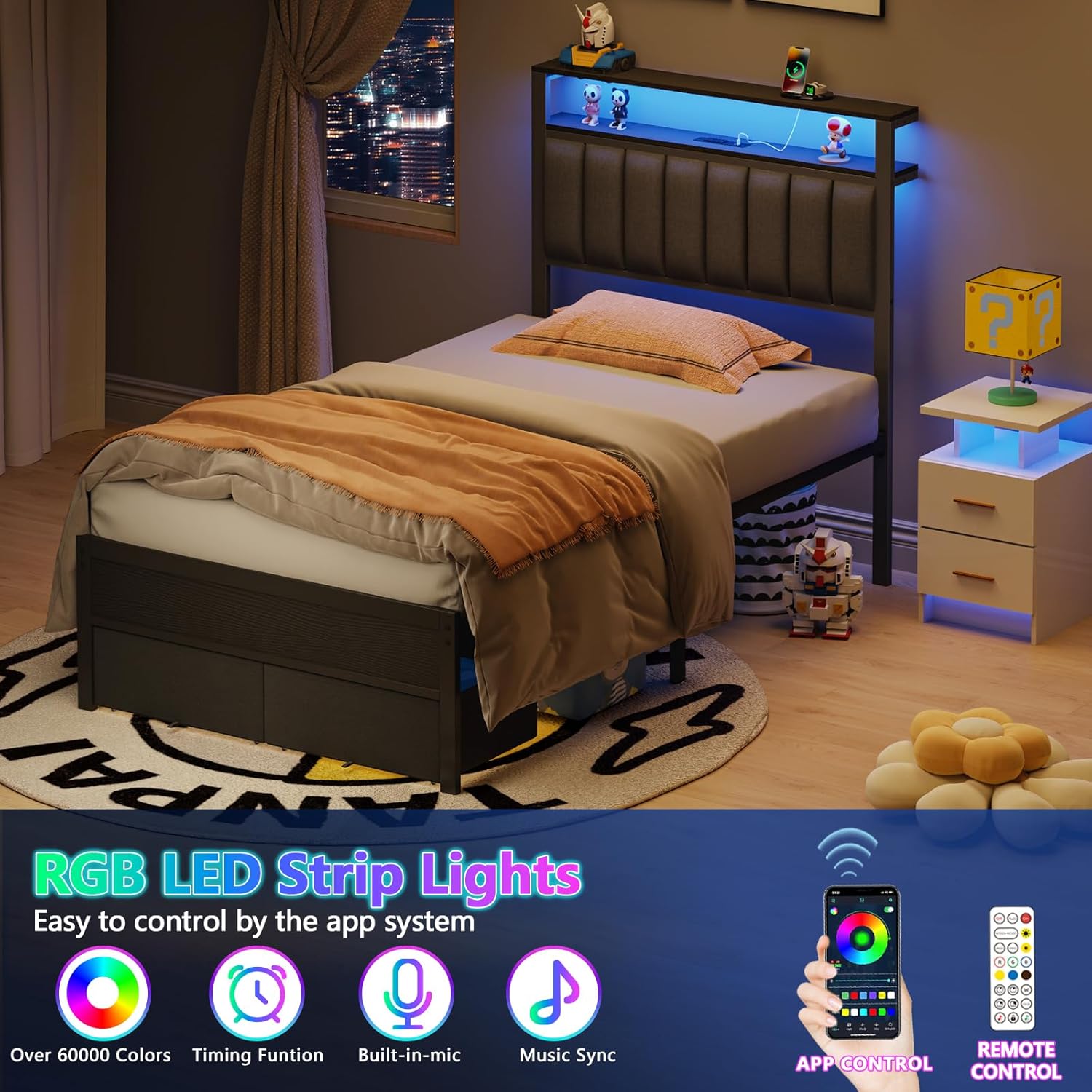 Twin Bed Frames  Grey Upholstered Headboard with Shelves Metal Platform Bed with 2 Under-Bed Storage (Fabric Drawer on Wheels) No Box Spring Needed