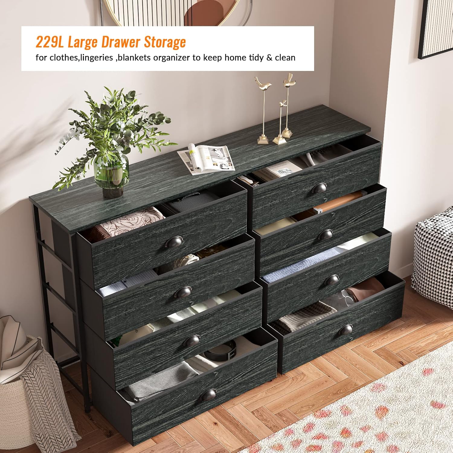Furnulem Wide Dresser with 8 Fabric Drawers TV Entertainment Center with Storage for 55'' TV Large Chest of Drawers for Bedroom  Living Room Entryway