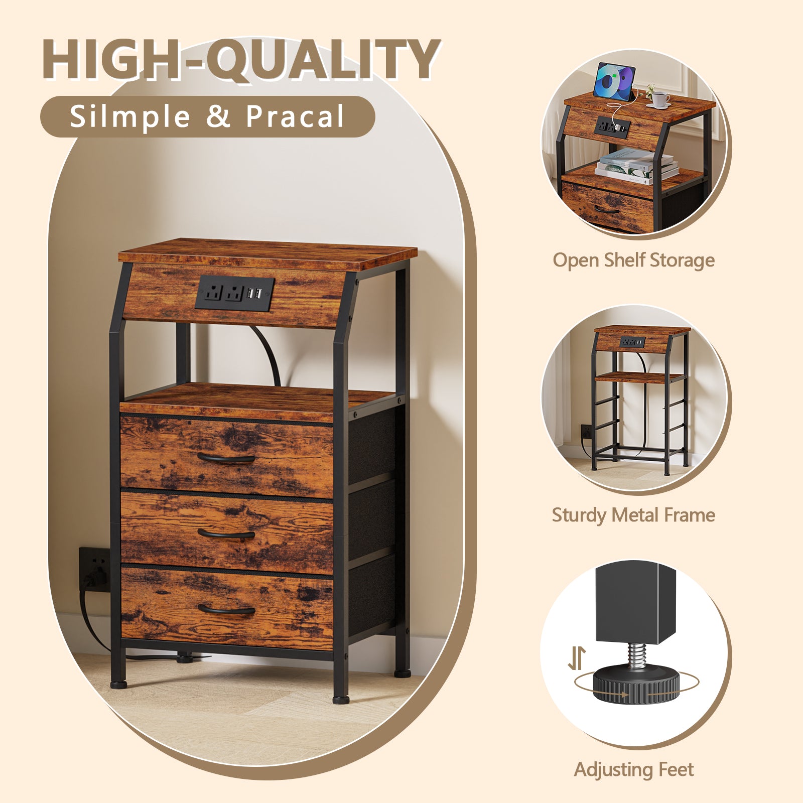 Furnulem Nightstand with Charging Station and Multi Fabric Drawers