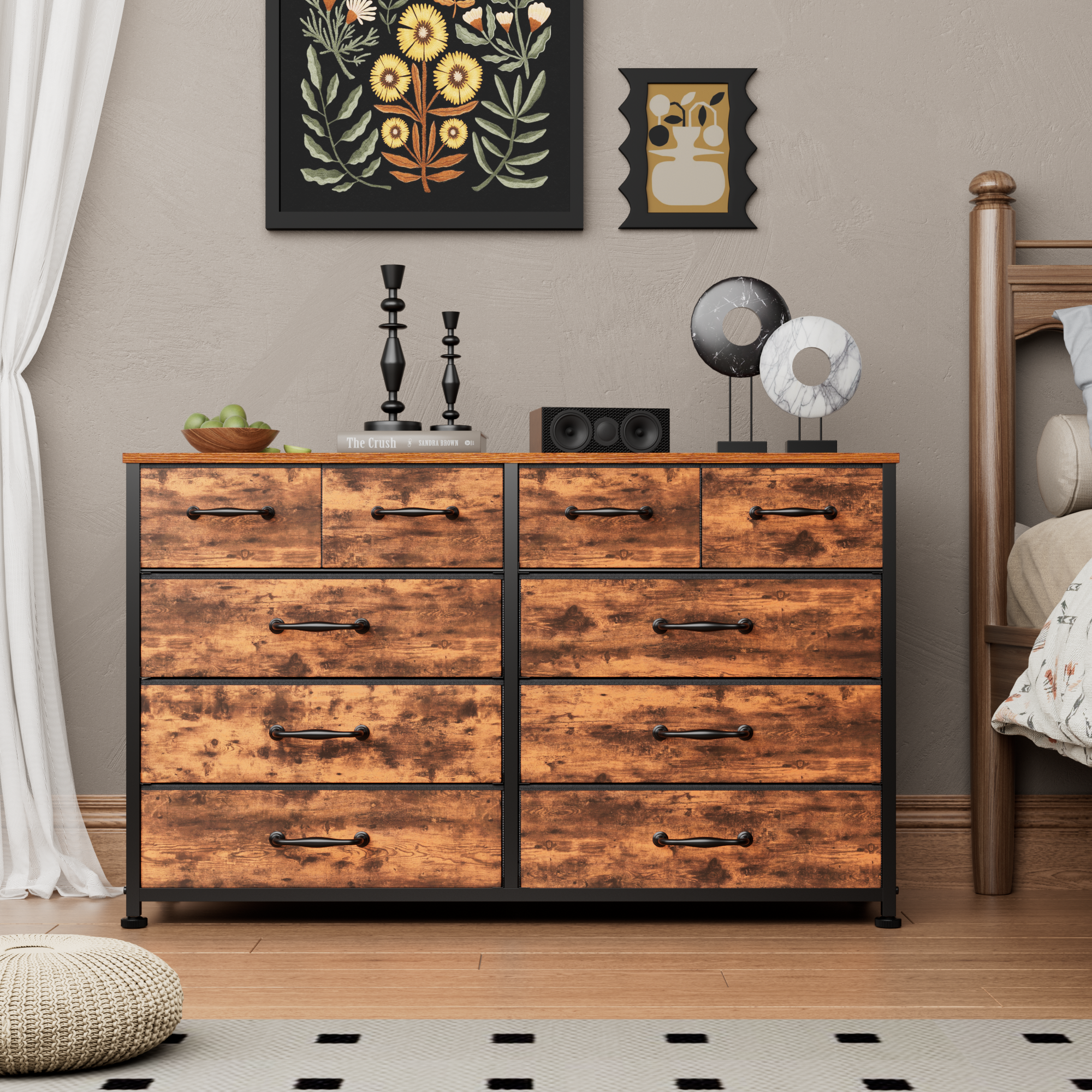 Wide Rustic Brown 10 Drawer Dresser Fabric Storage Chest of Drawers Large Organizer Unit Bedroom Furniture Entryway 50 Inch TV Stand