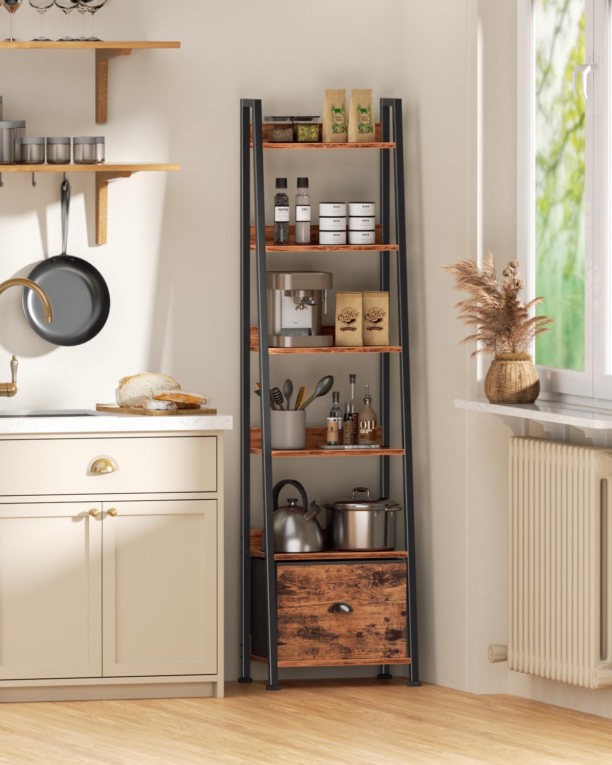Rustic Brown 6 Tier Ladder Bookshelf with Drawer Tall Industrial Wood Metal Freestanding Storage Rack Etagere Display Bookcase for Home Office Rooms