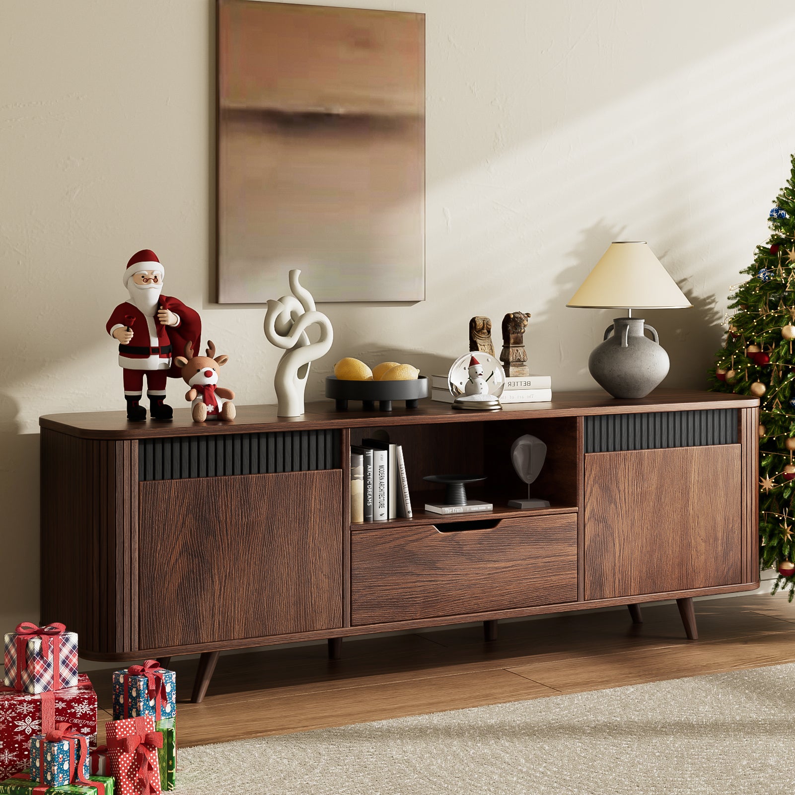 55-in Modern TV Stand For 40-65 Inch TV With Drawer slides Tambour Media Console With Storage Cabinet Charging Station Shelves Cable Management Wood Leg