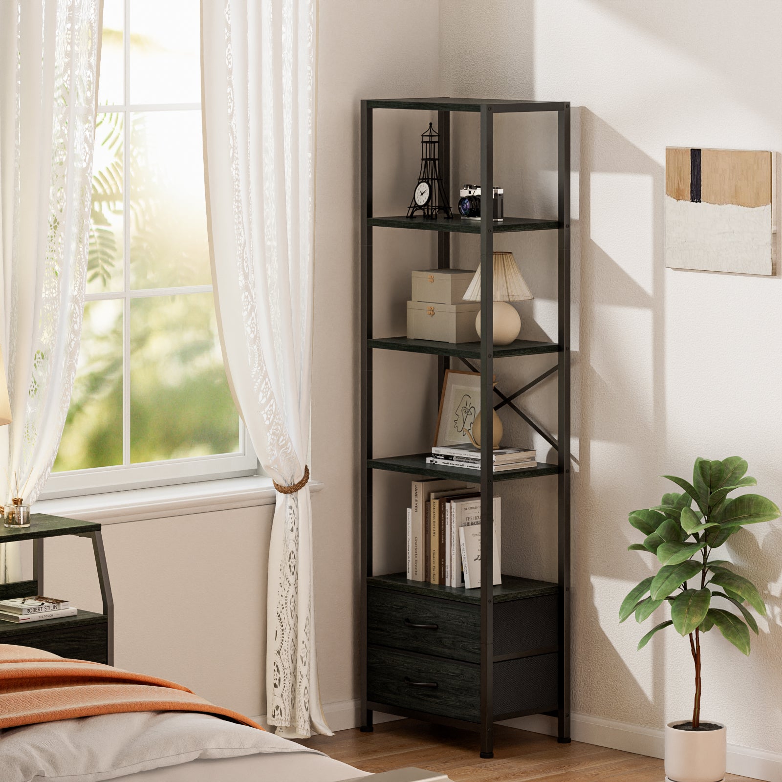 Furnulem Multi-Tier Bookshelf with 2 Drawers