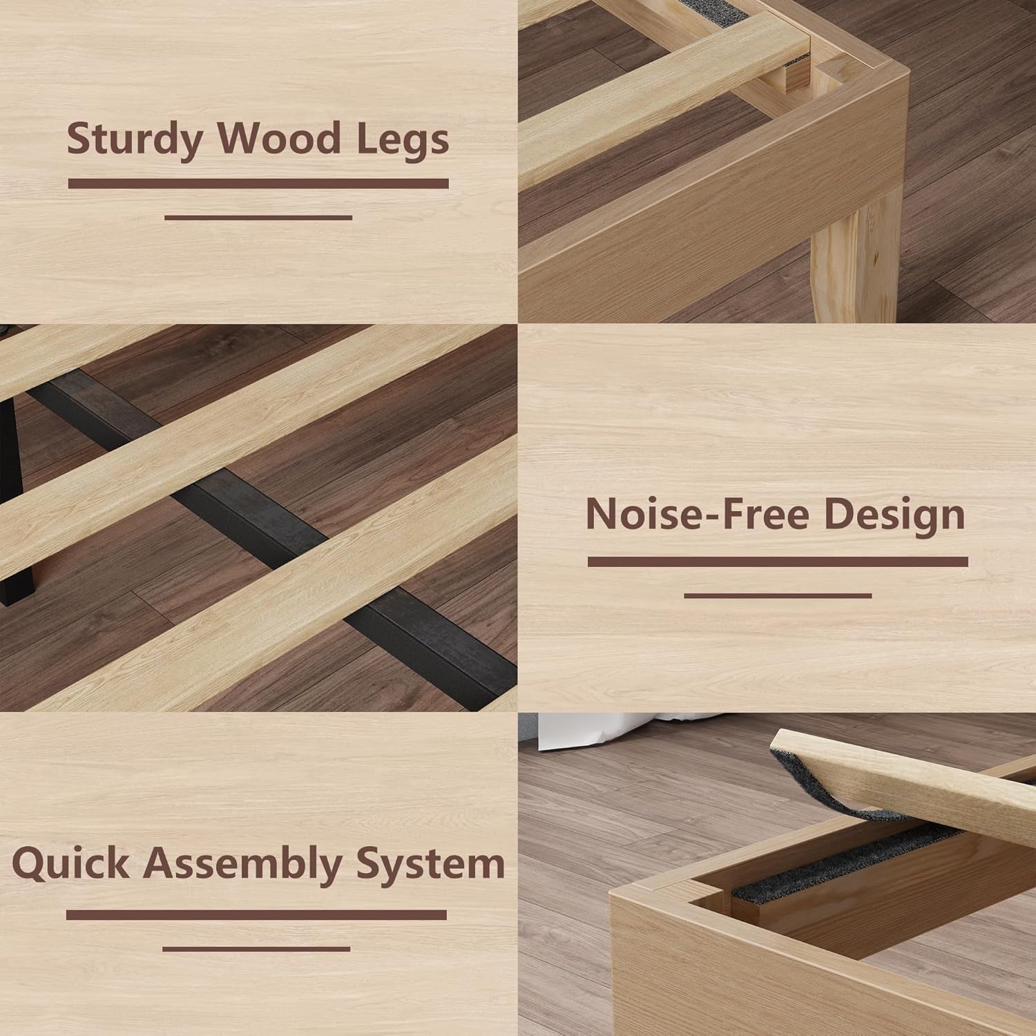 Queen Size Bed Frame Rattan Headboard with LED Lights and Charging Station Boho Bedframe with Storage Shelf and Under Bed Storage Solid Wood Support