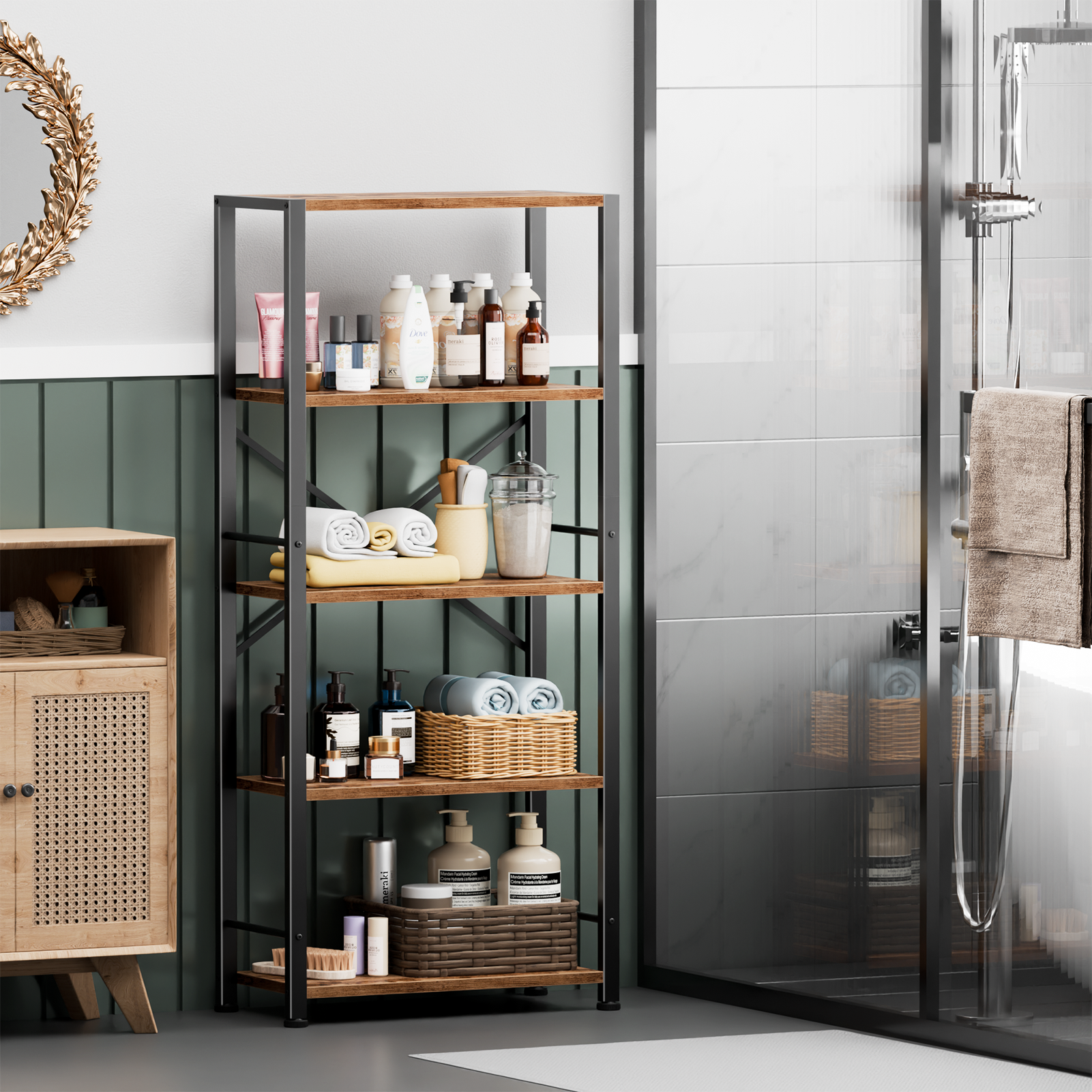 Qwatto Brown 5 Tier Tall Wide Bookshelf Wood Metal Industrial Open Display Shelving Unit Freestanding Etagere Bookcase Storage Organizer Living Room