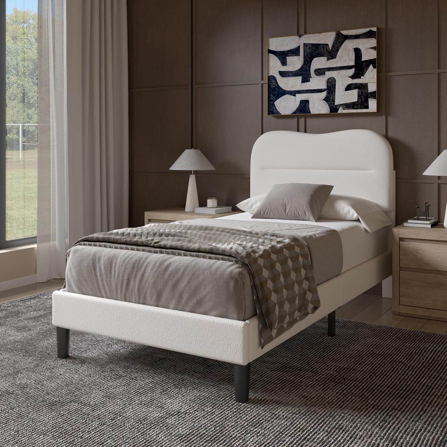 Twin Bed Frames with Headboard Upholstered Bed Frame  Soft Boucle Fabric Twin Size bedframes Soft Cloud Marshmallow Shape Upholstered Headboard