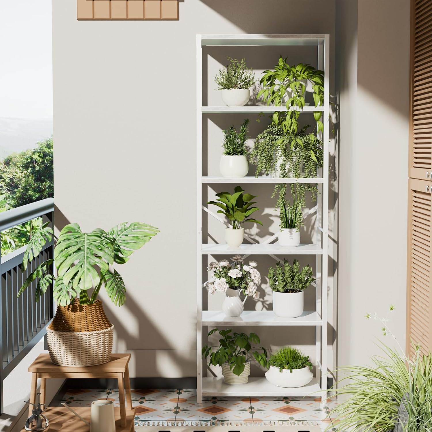 Qwatto 6 Tier Bookshelf Tall Wide Wood and Metal Open Bookcase Modern Storage Organizer Display Shelving Unit White Furniture Living Room Home Office