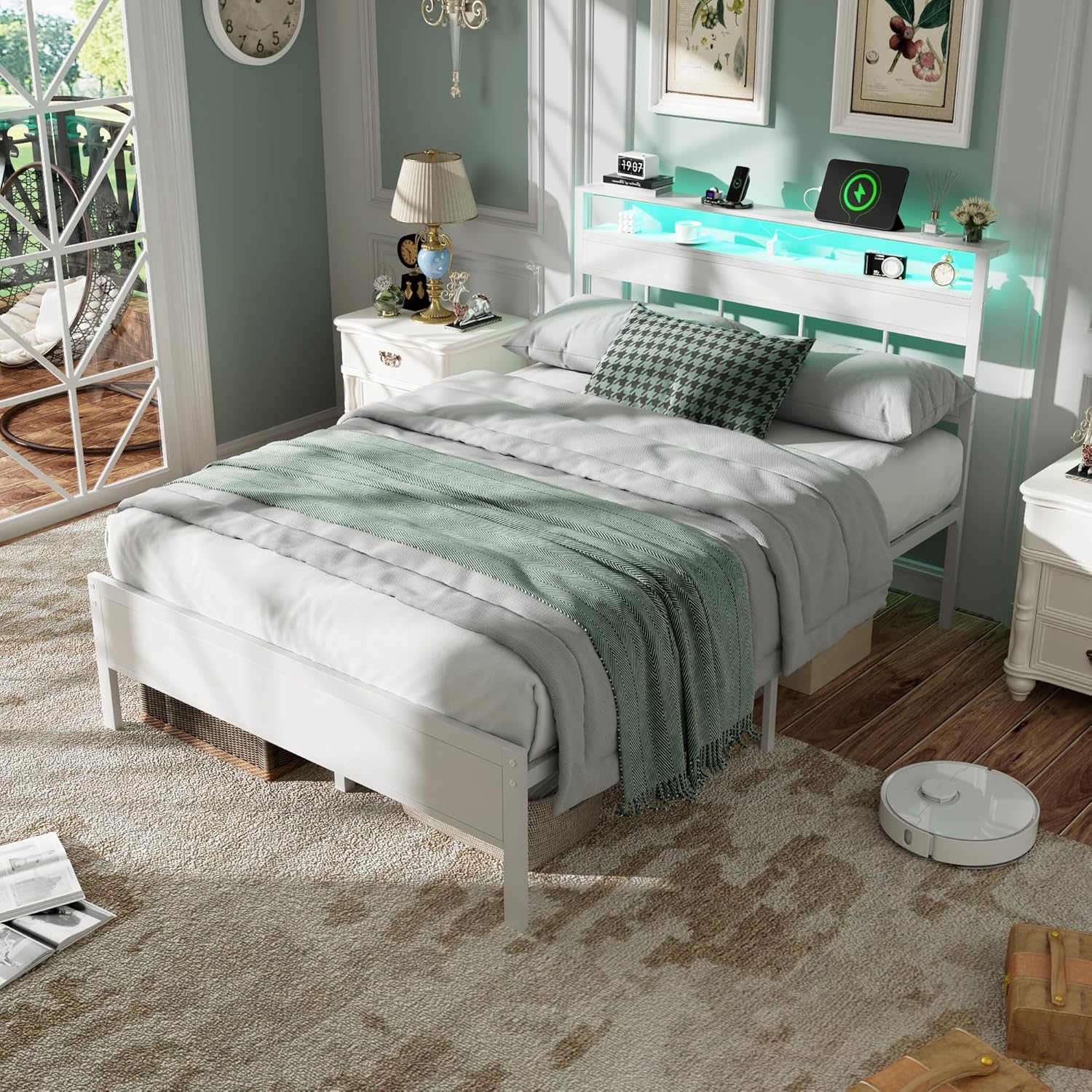 Full Size  Bed Frame with Storage Headboard and LED Lights Metal Bedframe with Charging Station and USB Port Platform Bed with Heavy Duty Slats White