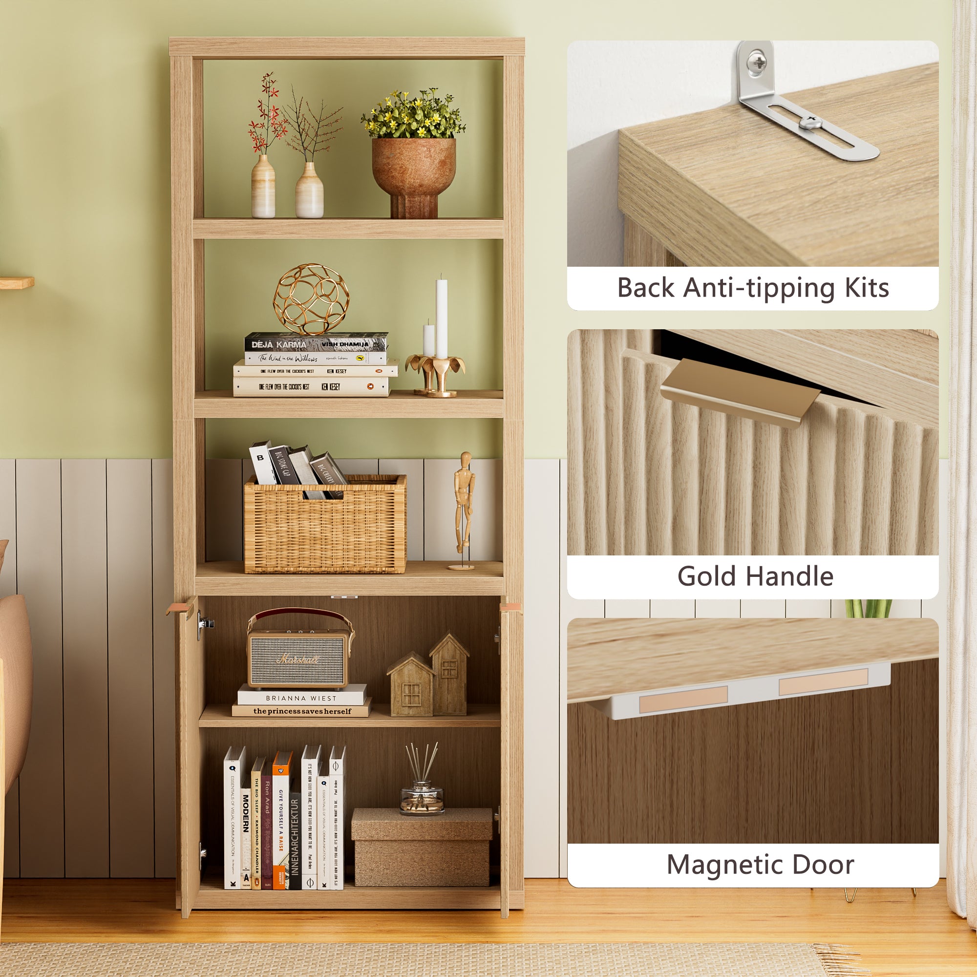 Bookshelf and Bookcase with Door Floor Standing 5-Tier Shelf Display Storage Shelves Tall Bookcases for Home Office Living Room