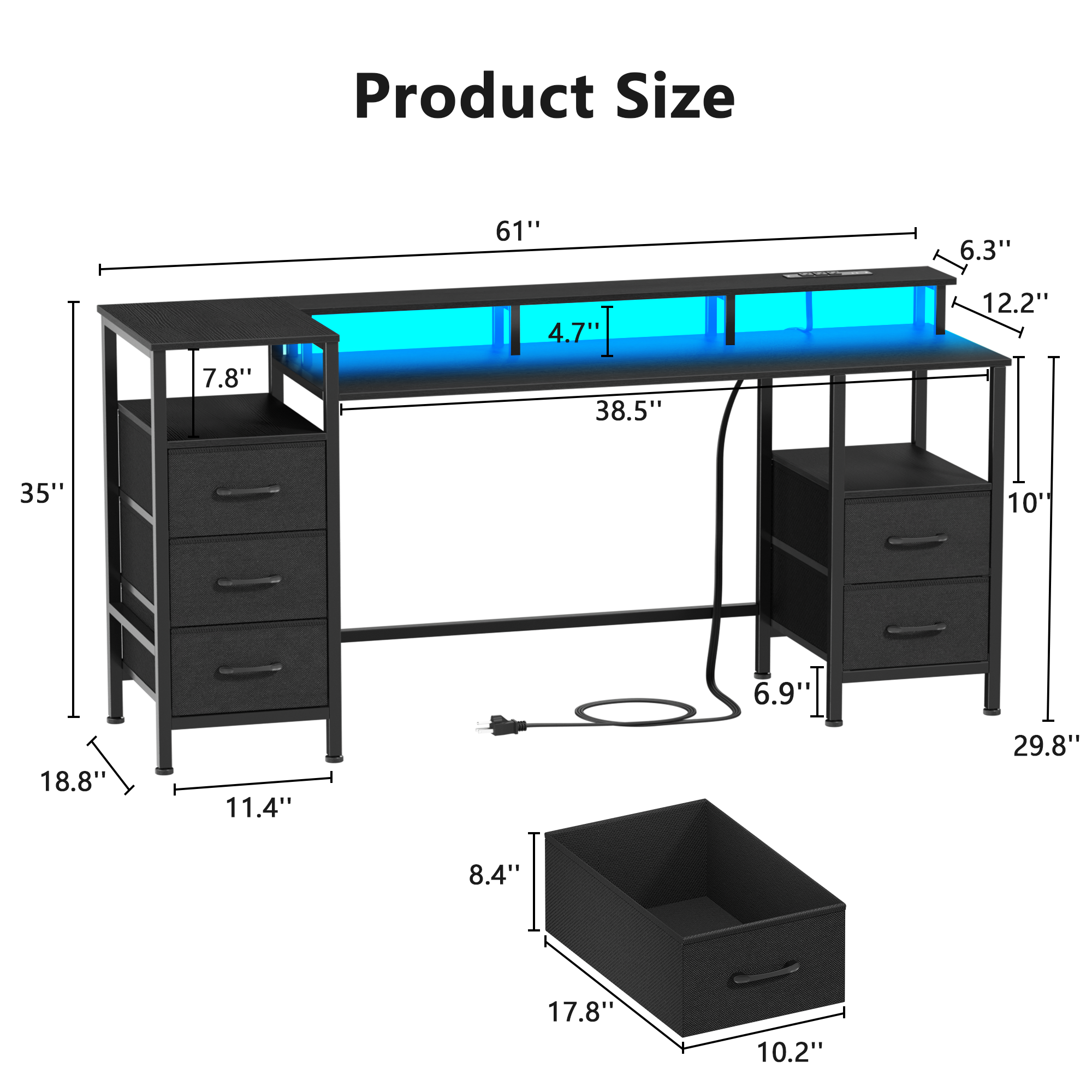 61 Inch Black Computer Desk with Charging Station Gaming Desk LED Lights Reversible 5 Fabric Drawers Home Office Writing Table Study Storage