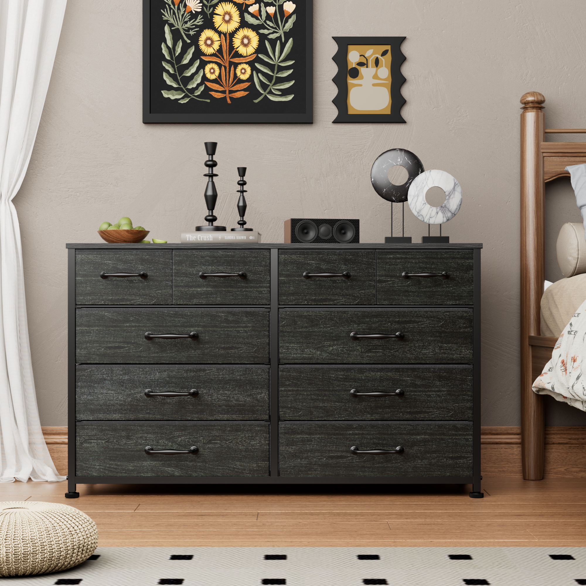 Black Dresser with 10 Fabric Dresser  Tv Stand for Bedroom for 40-45-50 inch Tv Entertainment Center Chest of Drawers for Living Room Hallway Entryway