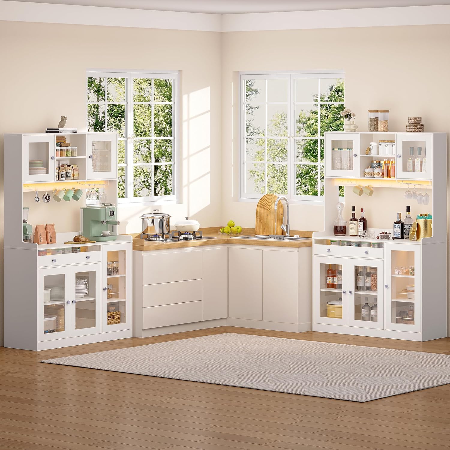 Qwatto 71"Kitchen Pantry Cabinet with Charging Station and LED Lights Tall Freestanding Kitchen Hutch with storage Rack Microwave Stand White Cabinet
