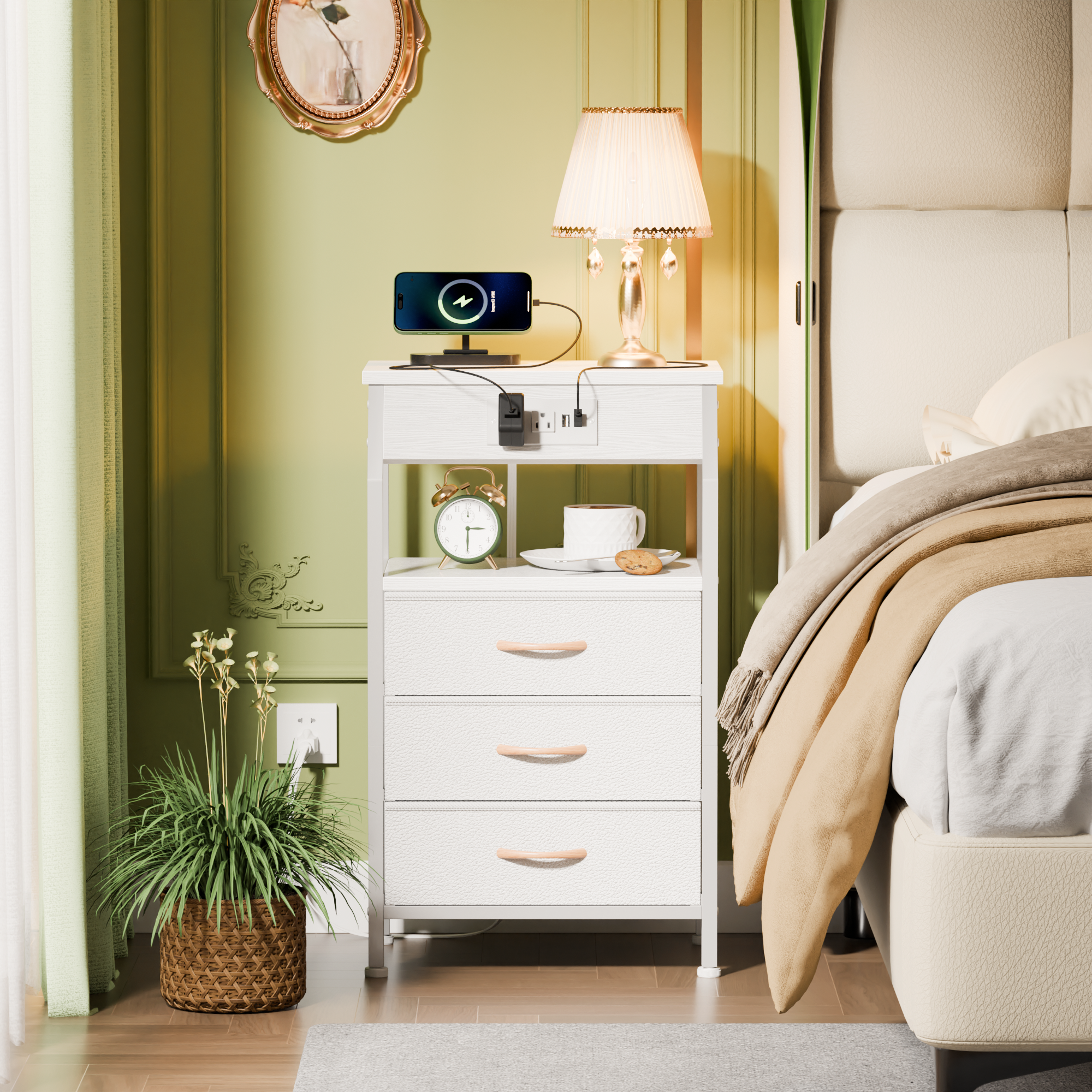 Furnulem Nightstand with Charging Station and Multi Fabric Drawers