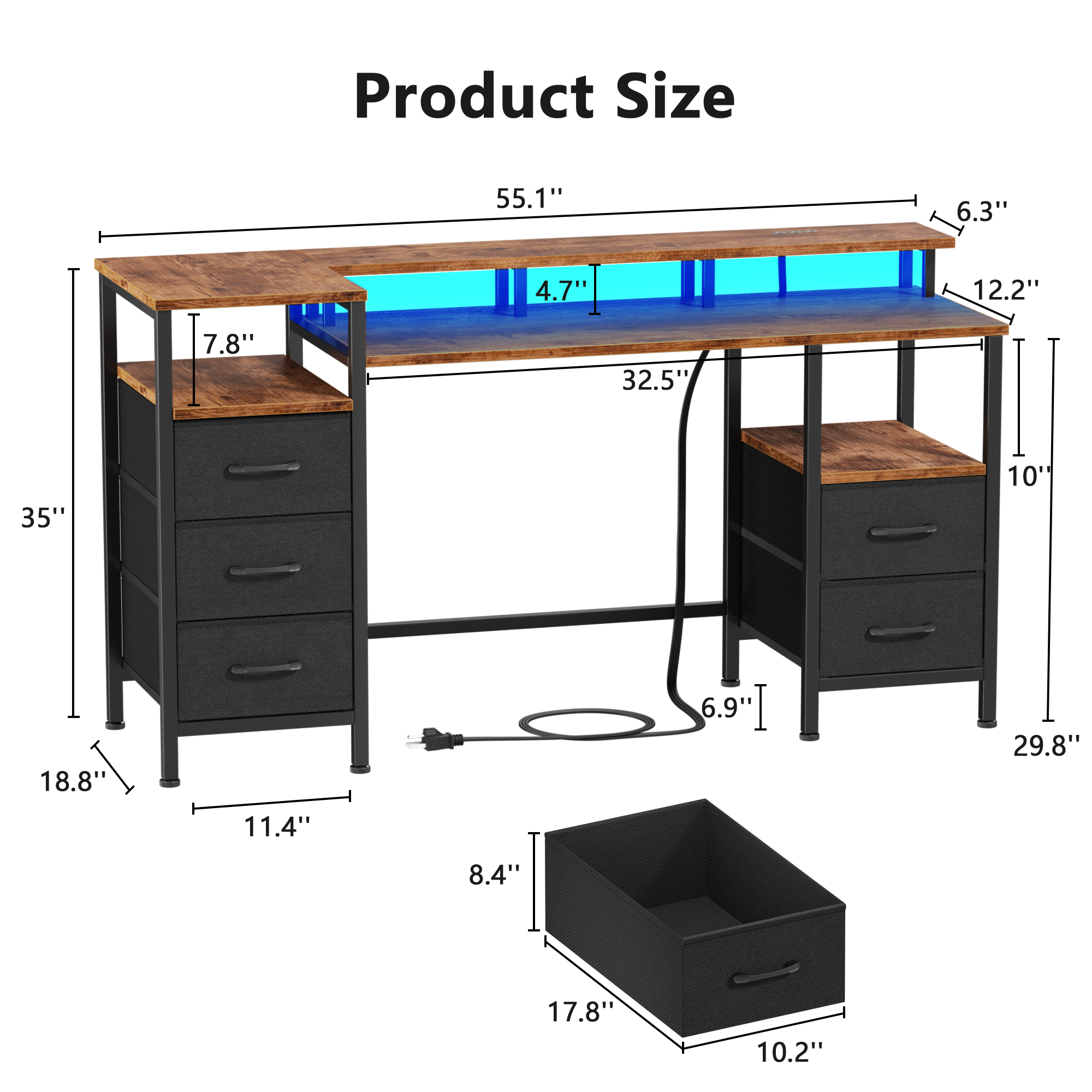 Qwatto 55 Inch  Computer Desk with Charging Station Reversible Gaming Desk LED Lights Fabric Drawers Home Office Writing Table Bedroom Study Storage