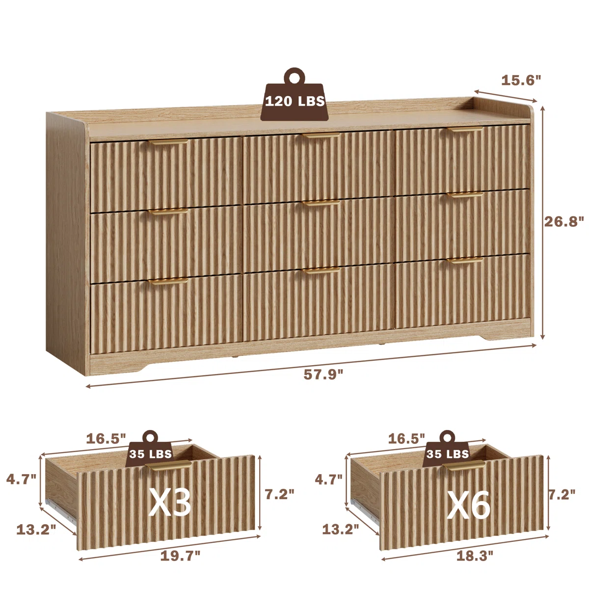 9 Drawer Dresser 57.9''w Wood Wide Chest Of Drawers With Metal Handle Organizer Wooden Cabinet with Anti-Tip Safety for Living Room Hallway entryway