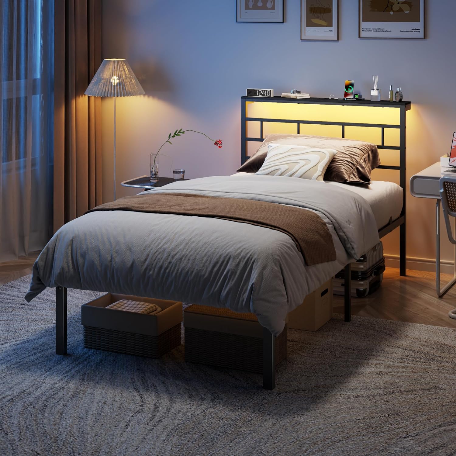 Twin Bed Frames with Built-in Charging Station and LED Light, Metal Platform Bed with Headboard and Storage Shelf  Noise-Free