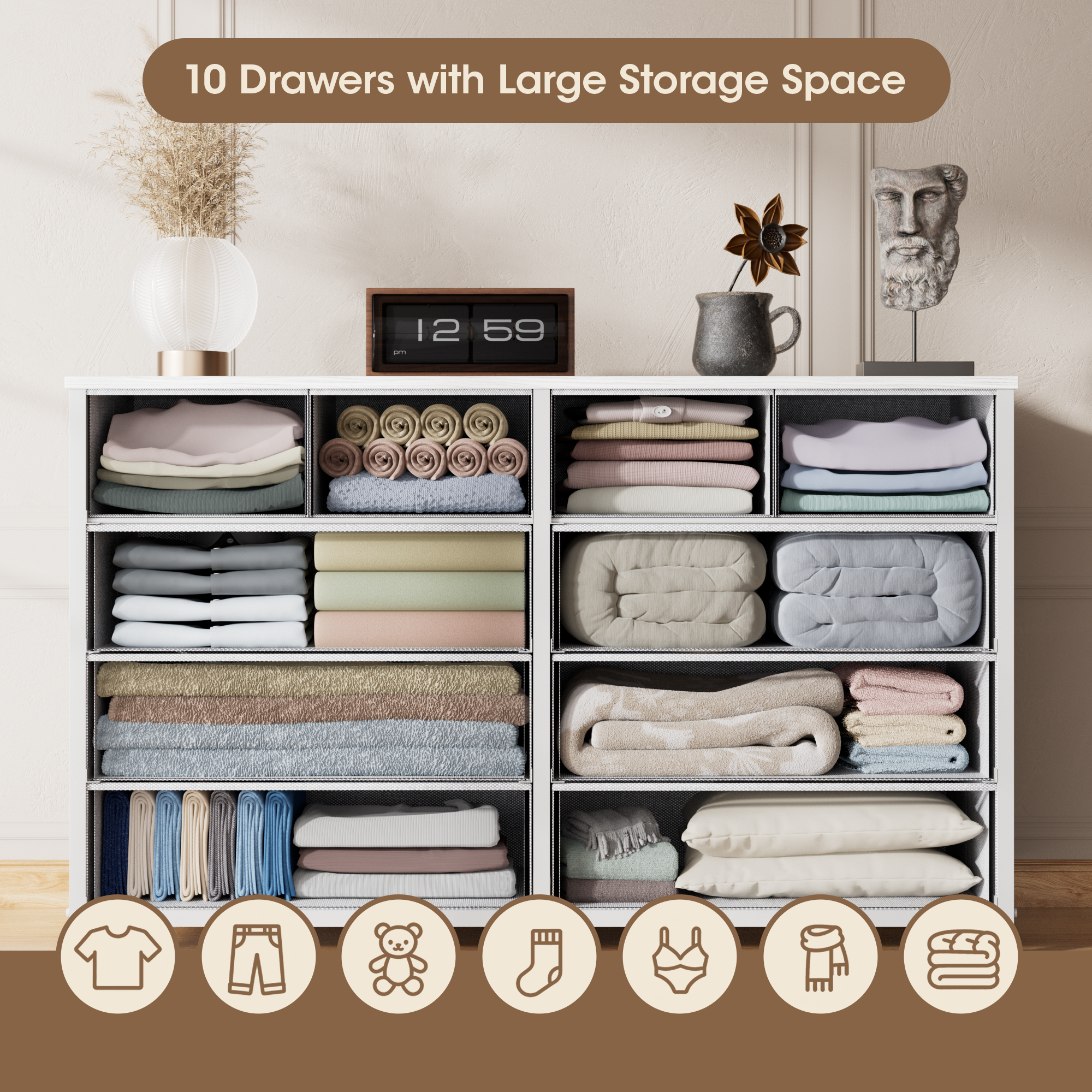 White Dresser for Bedroom with 10 Drawer  Entertainment Center for 40-45-50 inch Modern Tv Stand & Chest of Drawers for Living Room Hallway Entryway