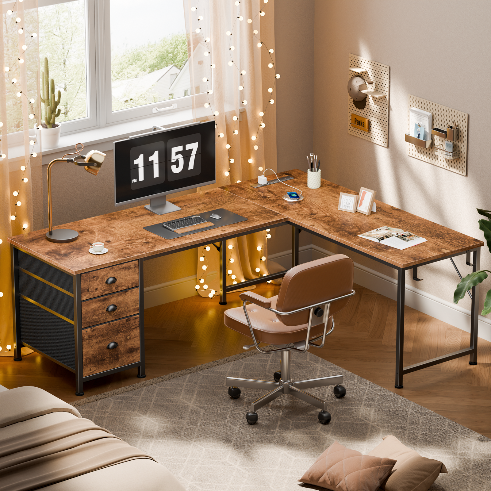 Qwatto Brown 63 Inch L Shaped Corner Computer Desk with Power Outlets and USB C Ports File Fabric Drawers Storage Workstation for Home Office Rooms