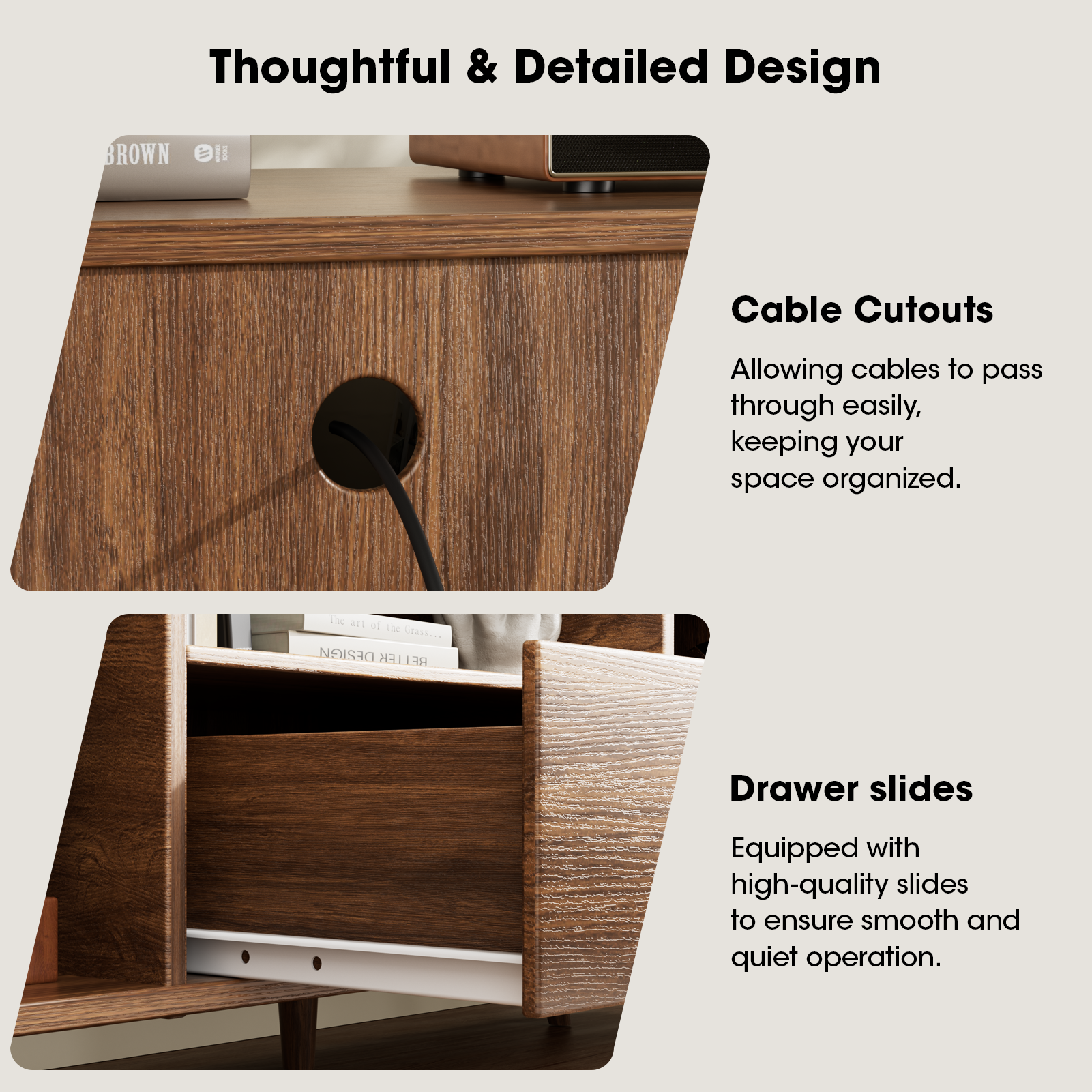 55" TV Stand with Storage for TVs up to 65" With Drawer slides Tambour Media Console With Charging Station Shelves Cable Management Wood Legs walnut