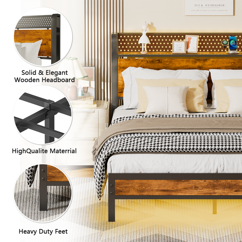 Industrial Queen Bed Frame with Charging Station Rustic Wood Storage Headboard LED Lights Metal Platform Bed USB Ports Heavy Duty Support