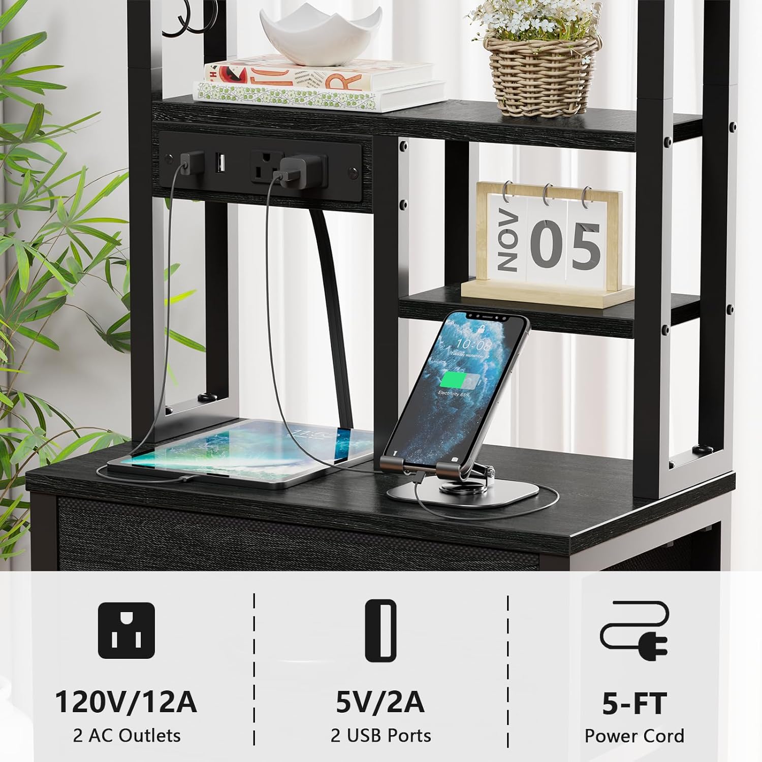 Qwatto Bedside Table with Charging Station and USB Port 4 Drawer Tall Nightstand with Shelves for Bedroom Dorm Wood Metal End Table Brown Oak Finish