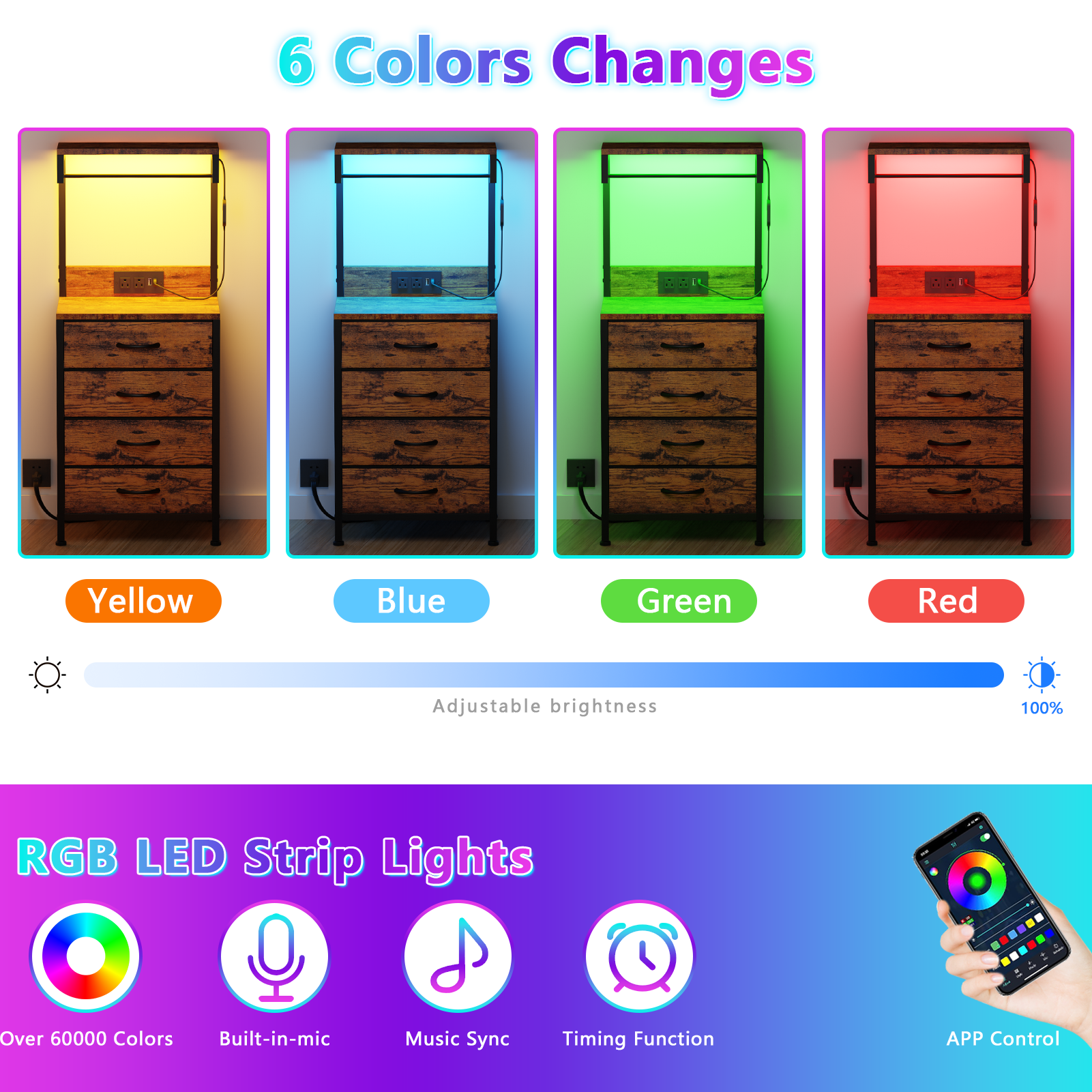 Modern Brown Nightstand with LED Lights Charging Station USB Ports 4 Fabric Drawers 4 Tier Storage Shelves Tall Bedside Side End Table Organizer