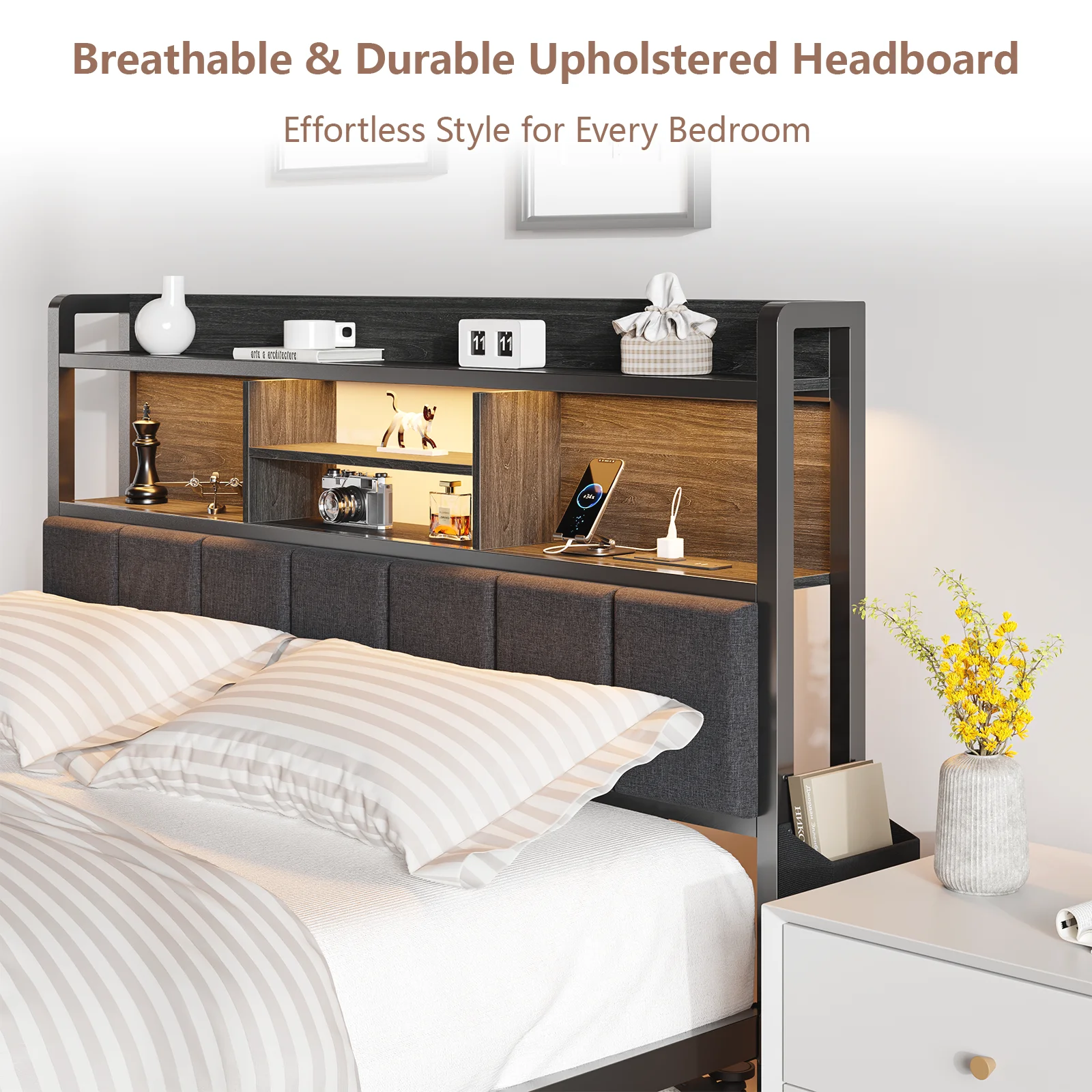 Furnulem Queen Bed Frame with Storage Drawers Upholstered Headboard with LED Light  Charging Station Metal Platform Bed Frame No Box Spring Needed