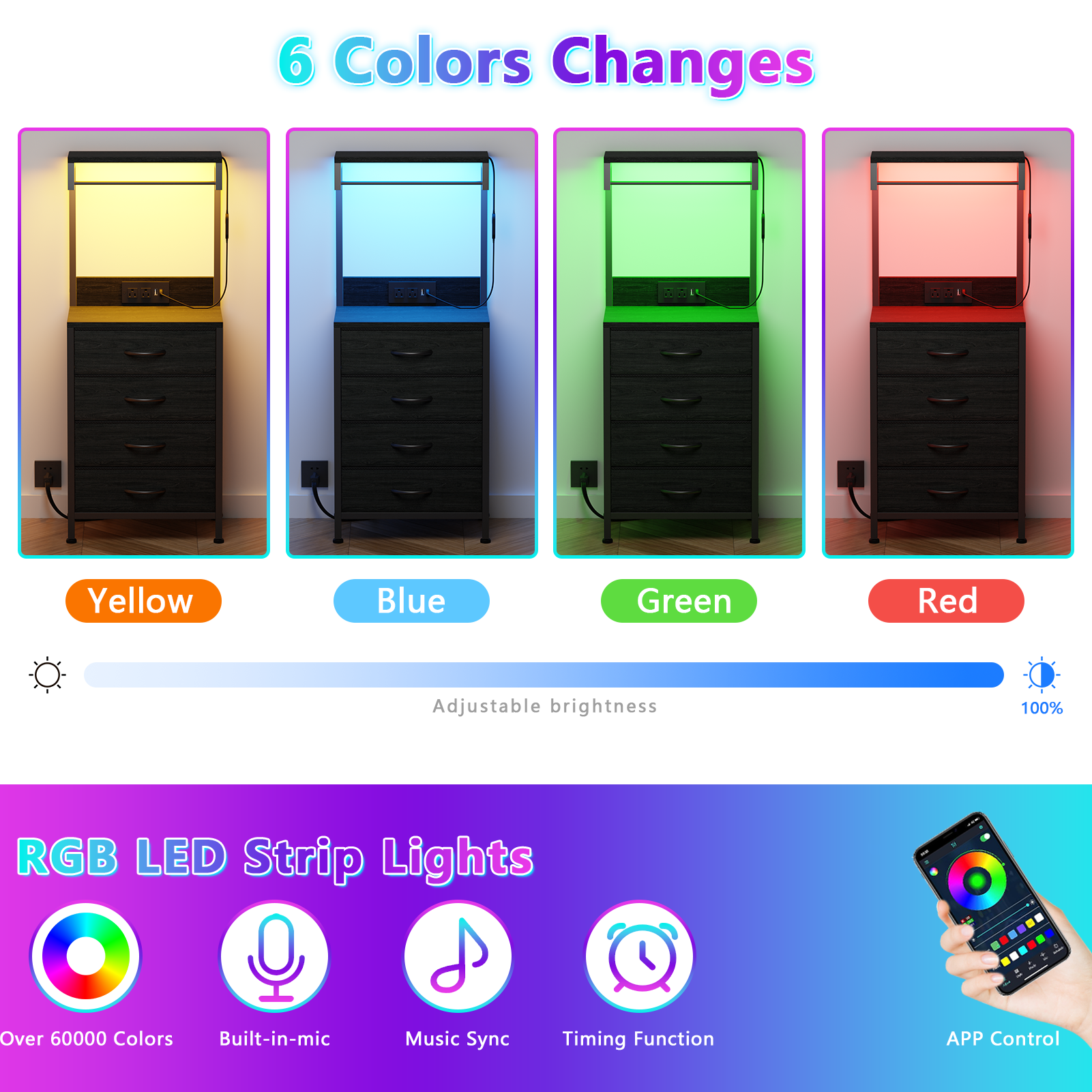 Tall Black Oak Nightstand 4 Fabric Drawers Storage Shelves Modern Bedside Side End Table Narrow Accent Organizer for Small Space Bedroom Living Room