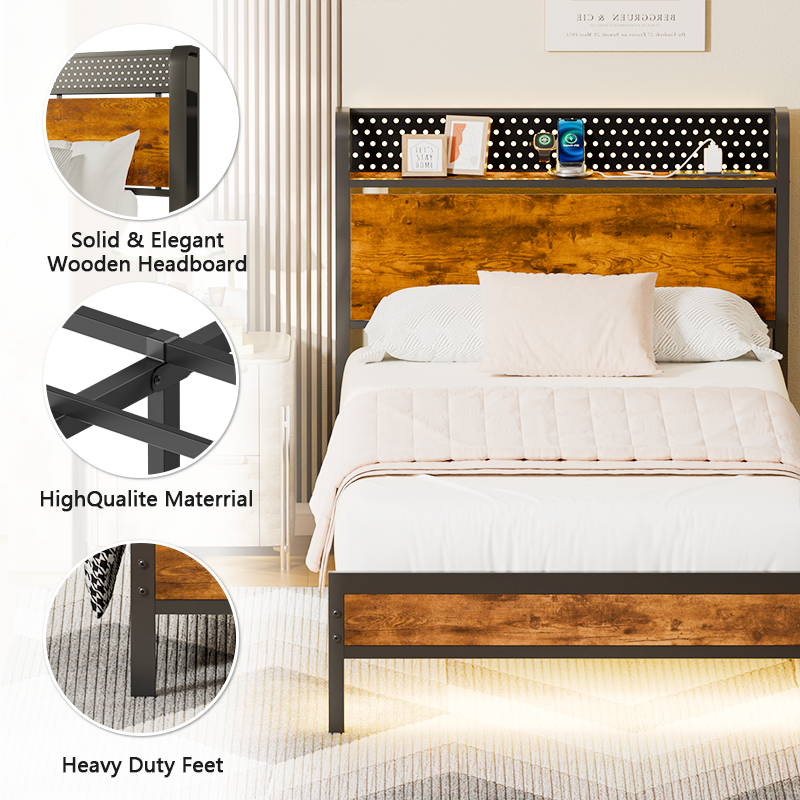 Twin Size Platform Bed Frame Storage Headboard LED Lights Charging Station Industrial Metal Wood Heavy Duty No Box Spring Needed Kids Dorm USB