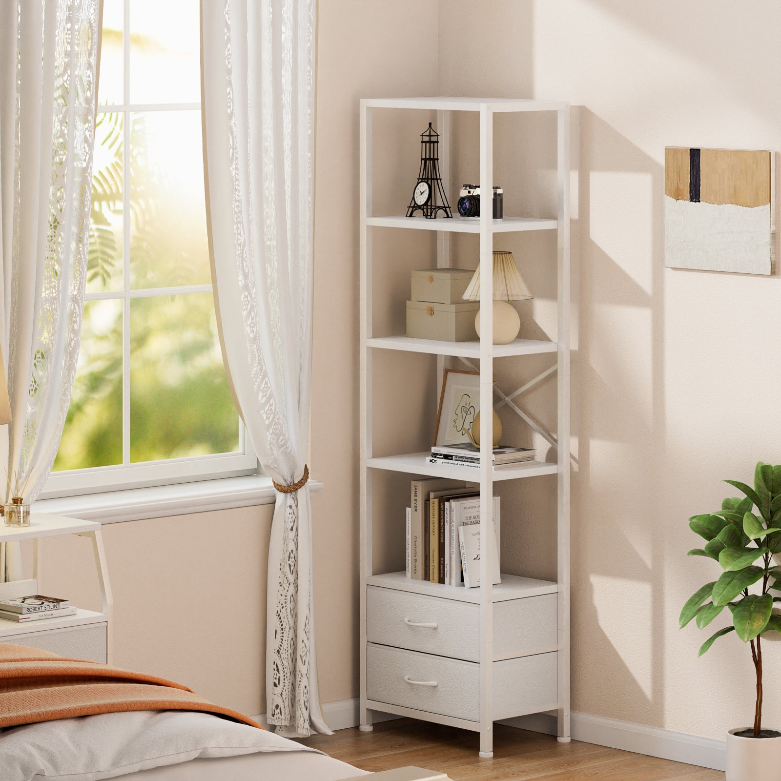 Furnulem Multi-Tier Bookshelf with 2 Drawers