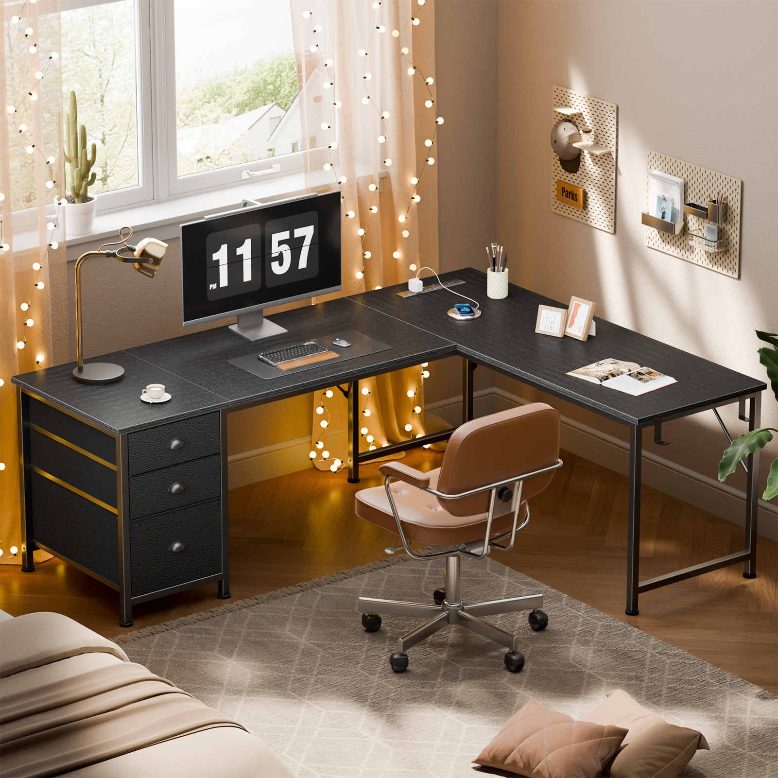 Qwatto 63 Inch L Shaped Gaming Desk Black Computer Corner Table with Power Outlets USB C Ports File Fabric Drawers Large Storage for Writing Bedrooms