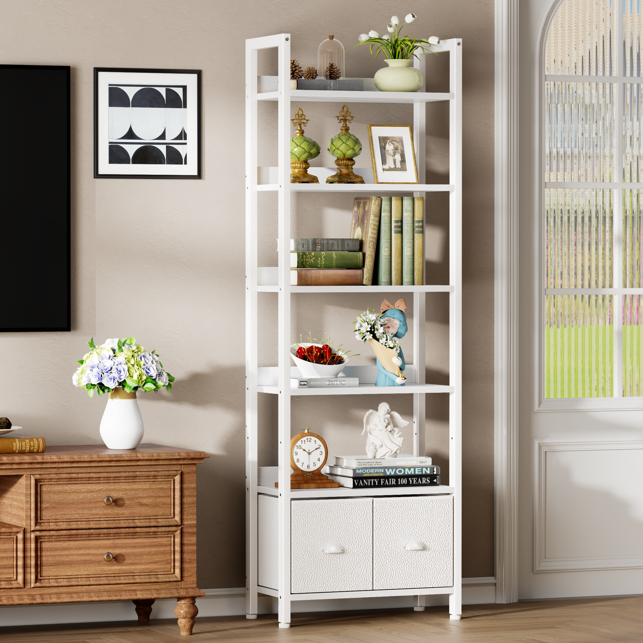 Modern 71 Inch Tall 6 Tier Bookshelf with Two Drawers Wooden Metal Freestanding Bookcase Display Storage Organizer for Home Office Living Room White