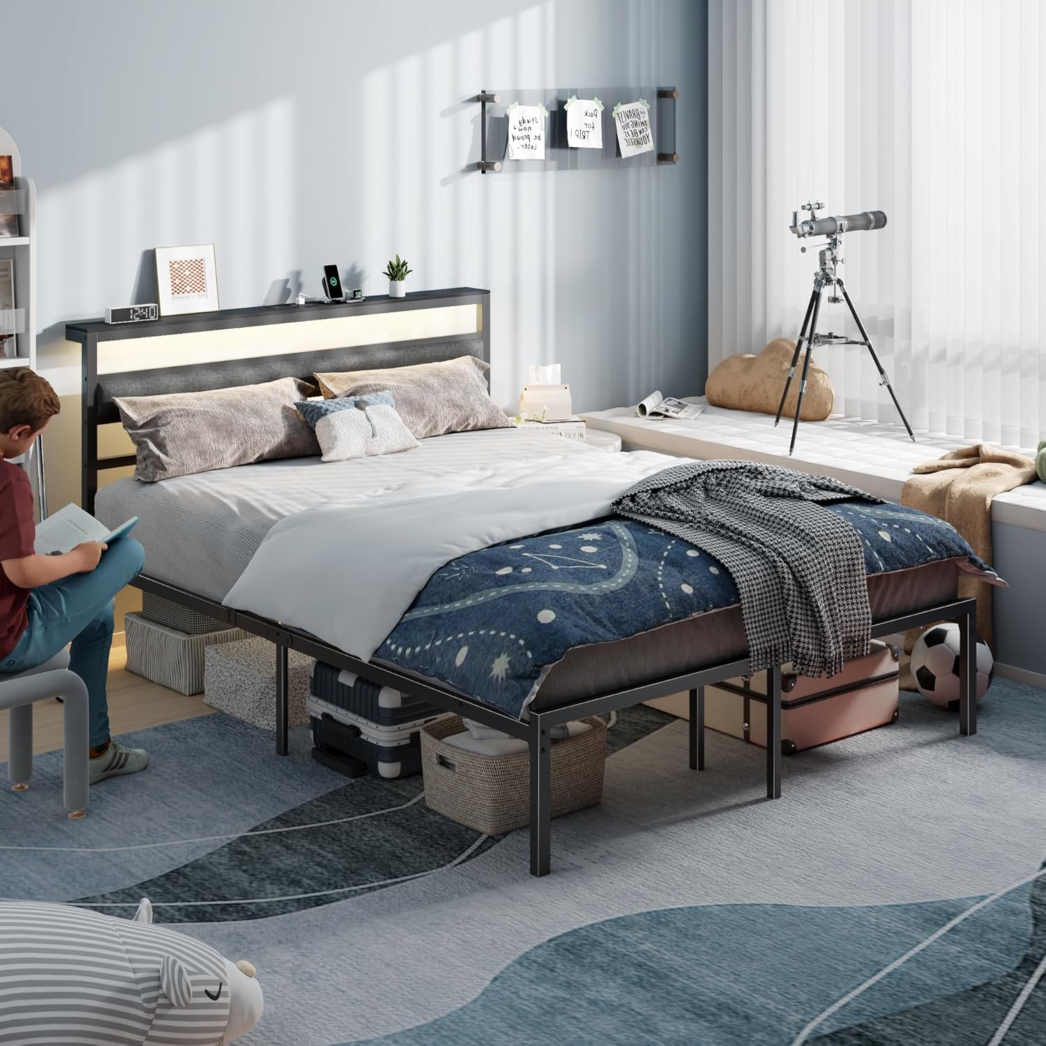 Queen Bed Frame with Led Lights and Charging Station Bed  Frame with Headboard and Under Bed Storage Metal Platform Bedframe and Storage Shelf