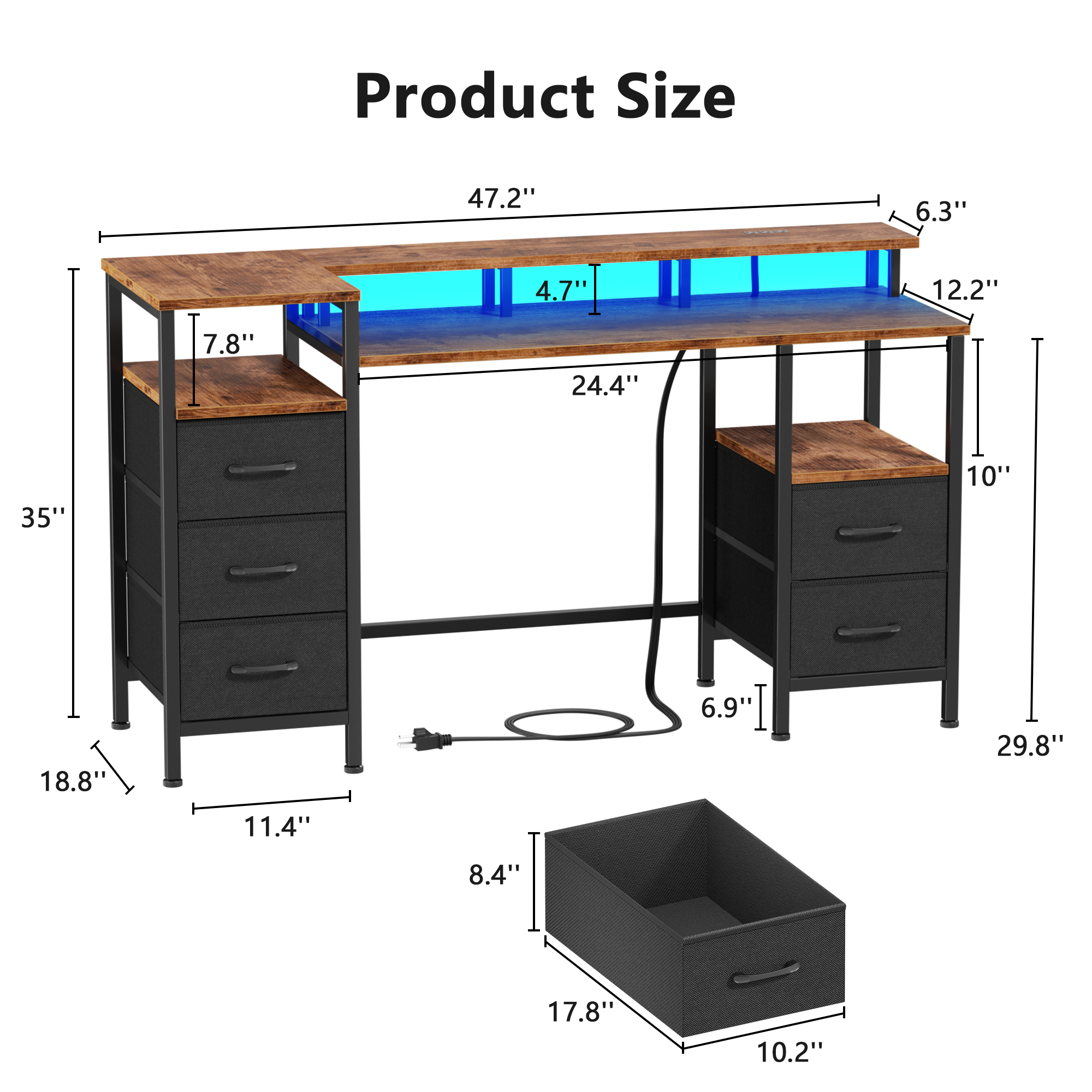 47 Inch Rustic Brown Computer Desk with Charging Station Reversible Gaming Desk LED Lights 5 Fabric Drawers Monitor Stand Home Office Writing Table