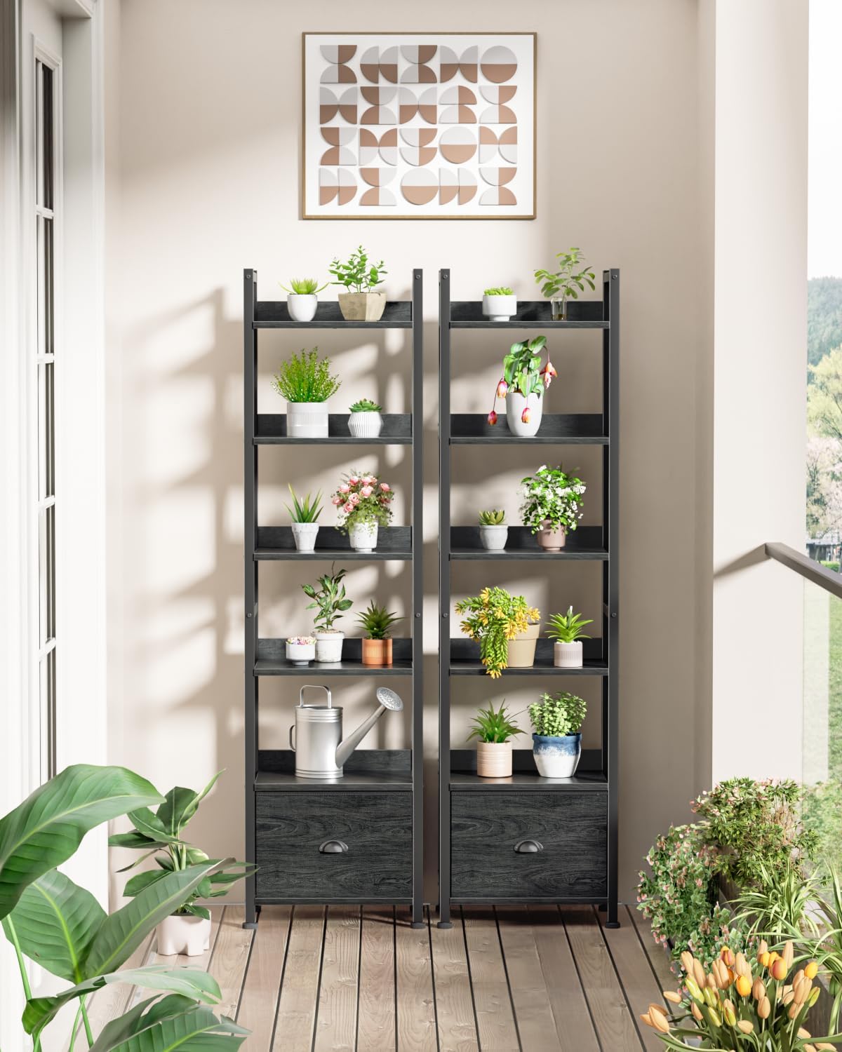 Qwatto Black 6 Tier Bookshelf with Drawer Tall Industrial Wood Metal Freestanding Storage Display Shelves Etagere Bookcase Organizer for Home Office