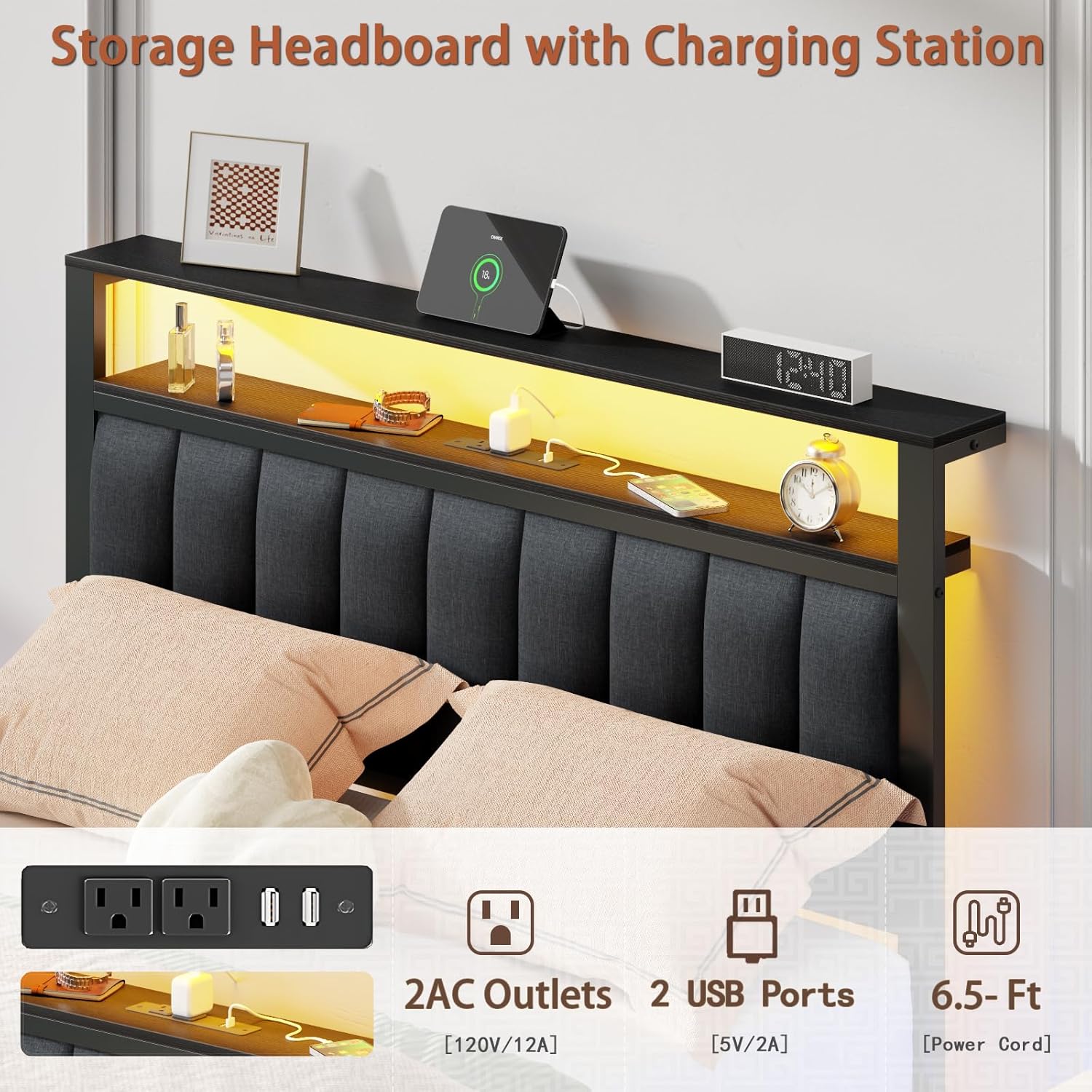 Furnulem Full Size Bed Frame with Charging Station and LED Lights Platform Bed with Metal Slats Grey Upholstered Headboard with 2-Tier Storage Shelves No Box Spring Needed