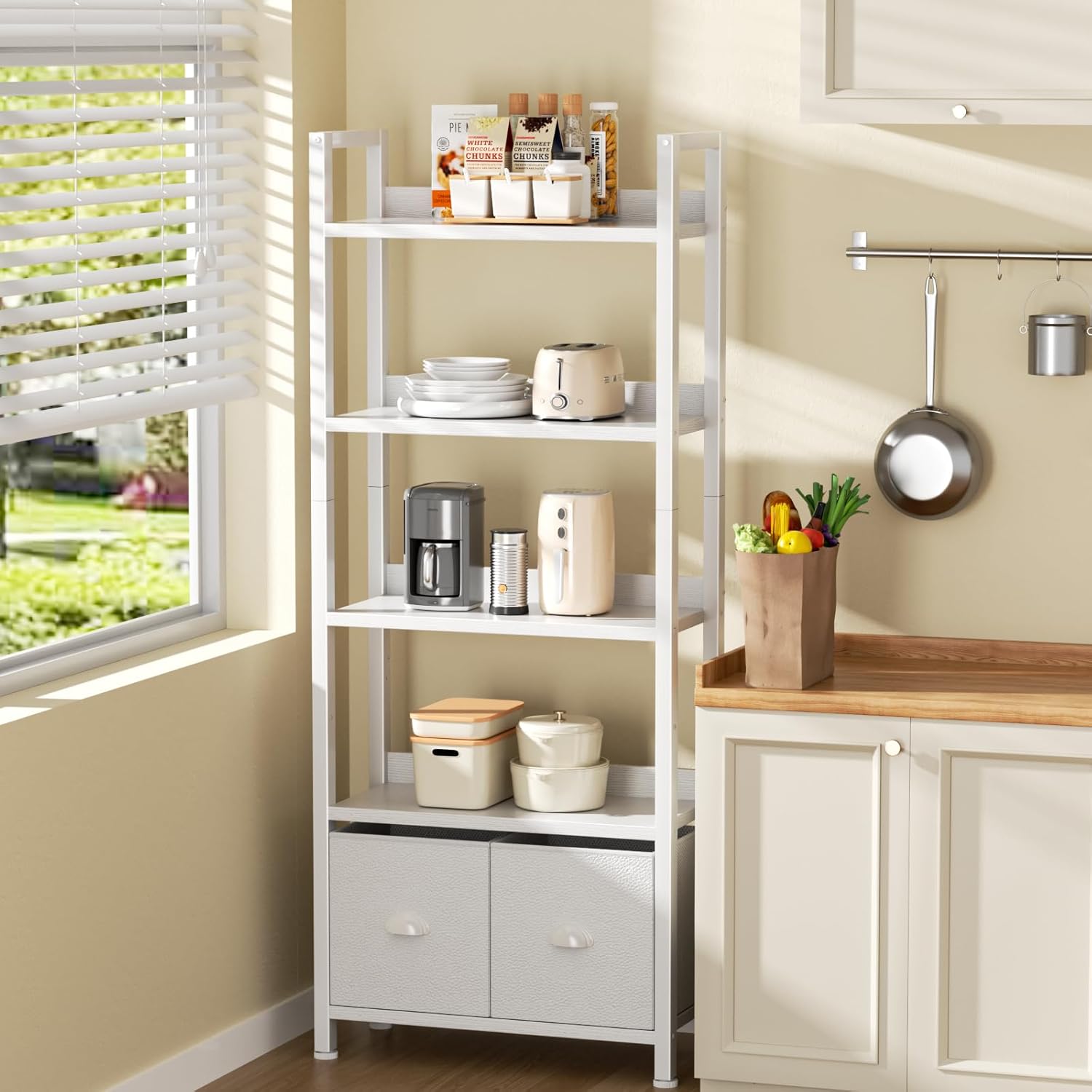 Qwatto 5 Tier Bookshelf with Drawers White Tall Wood and Metal Bookcases Modern Industrial Storage Organizers Display Shelving Unit Office Furniture