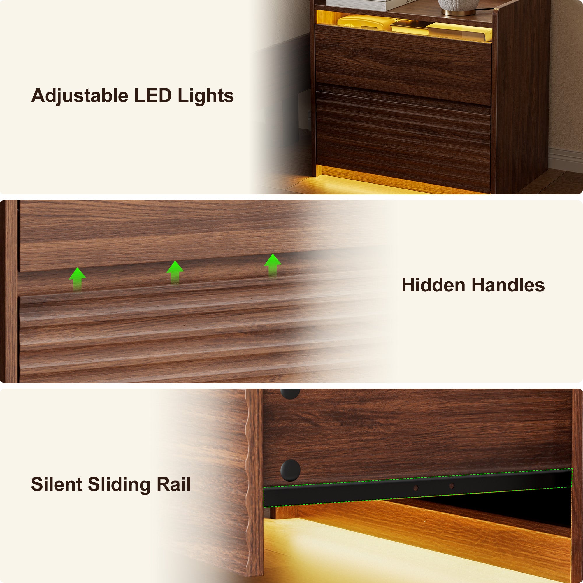 Qwatto Fluted Bedside Nightstand with Charging Station LED Light 2 Drawer Storage Cabinet Walnut Modern Side Table Bedroom Storage Cabinet