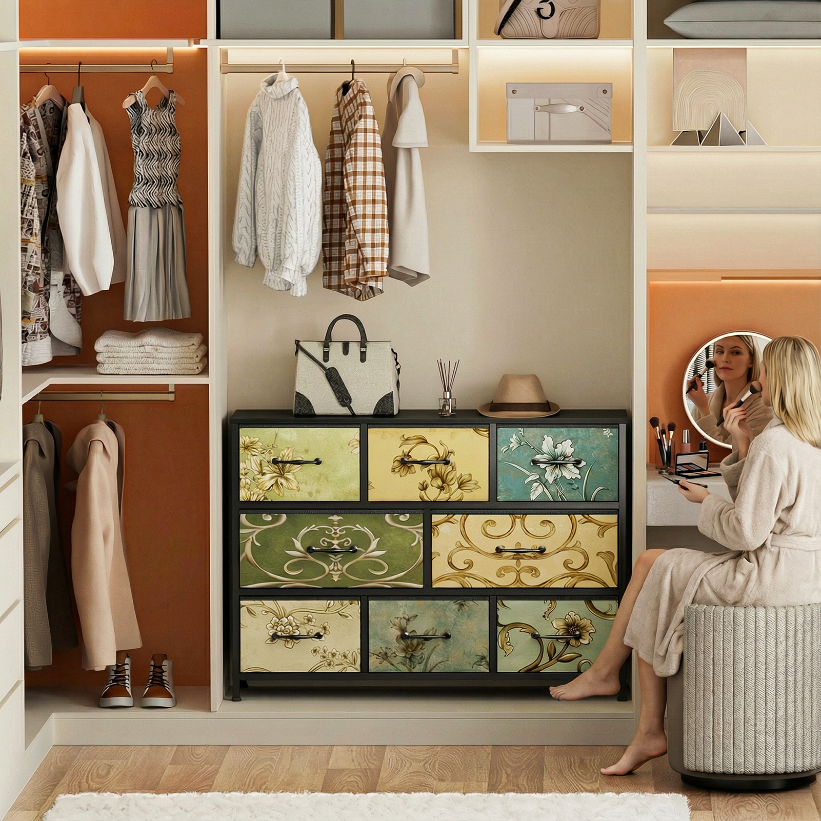 8 Drawer Wide Fabric Dresser Storage Chest Rustic Wood Top Industrial Metal Frame Organizer Unit Bedroom Living Room Closet Furniture