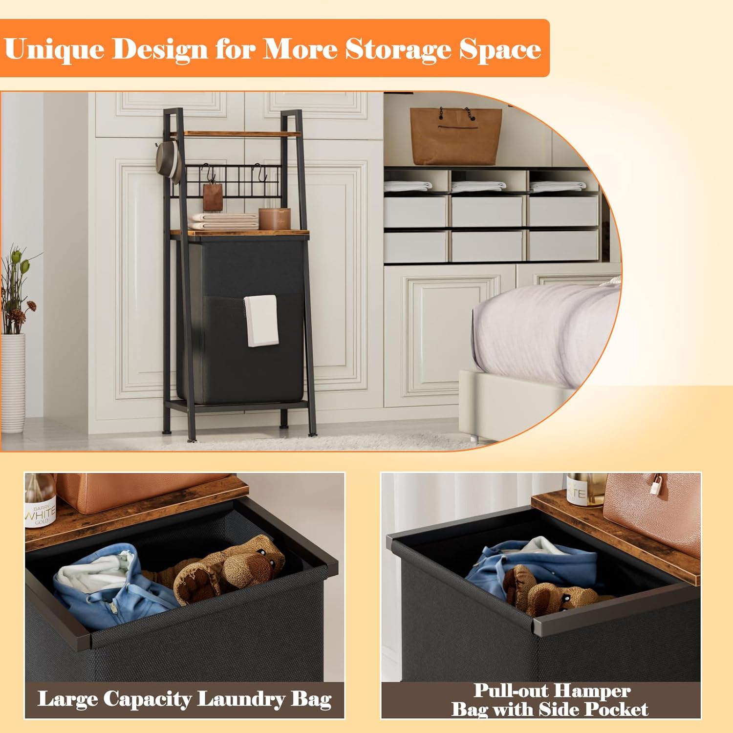 Furnulem 2-Tier Laundry Hamper with Shelf & Hooks – Removable Divided Bag for Bathroom or Bedroom