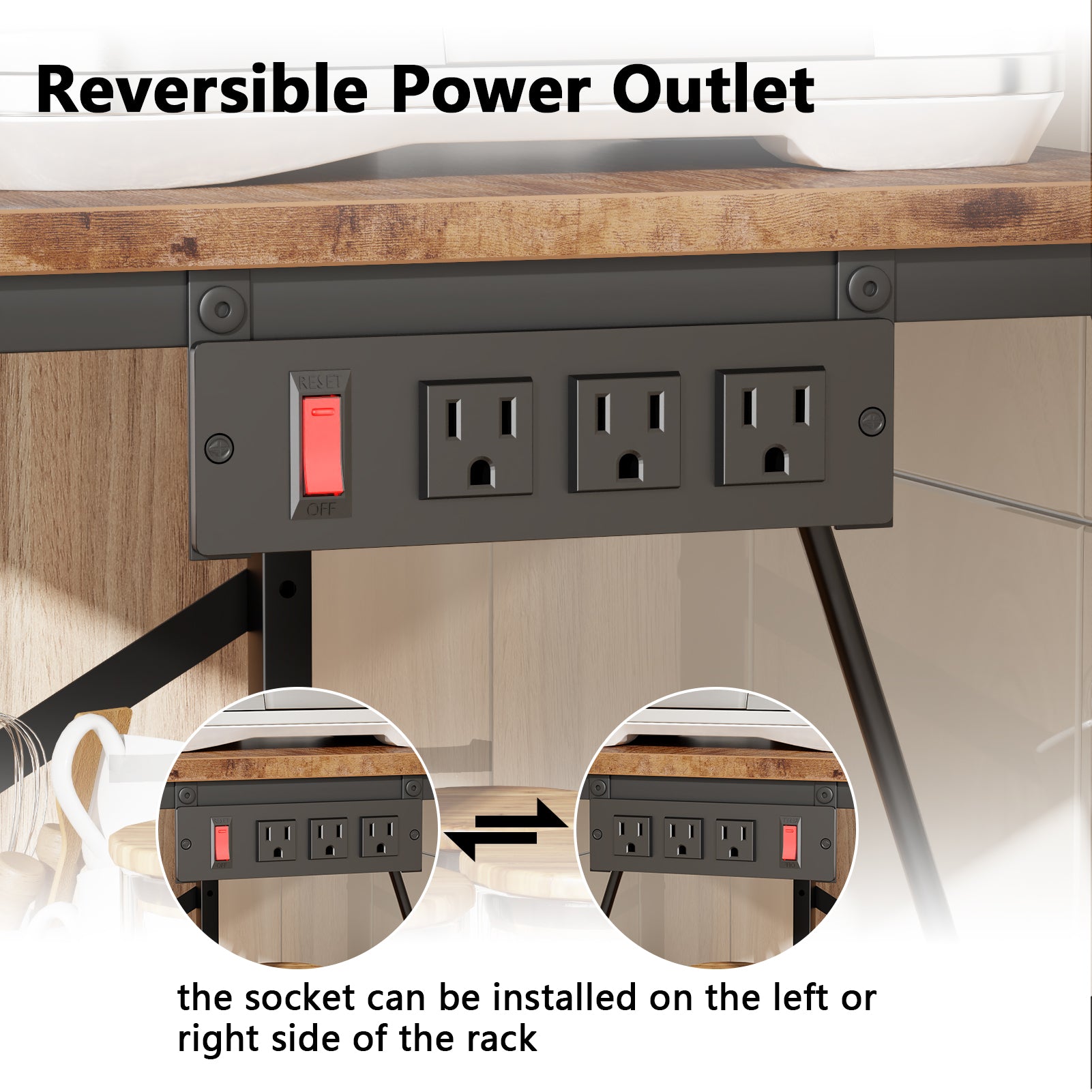Qwatto Kitchen Bakers Rack with Power Outlets 31.5 -inch Coffee Bar Station 4 Tier Microwave Stand Storage Shelf with S Hooks Rustic Brown Utility Table