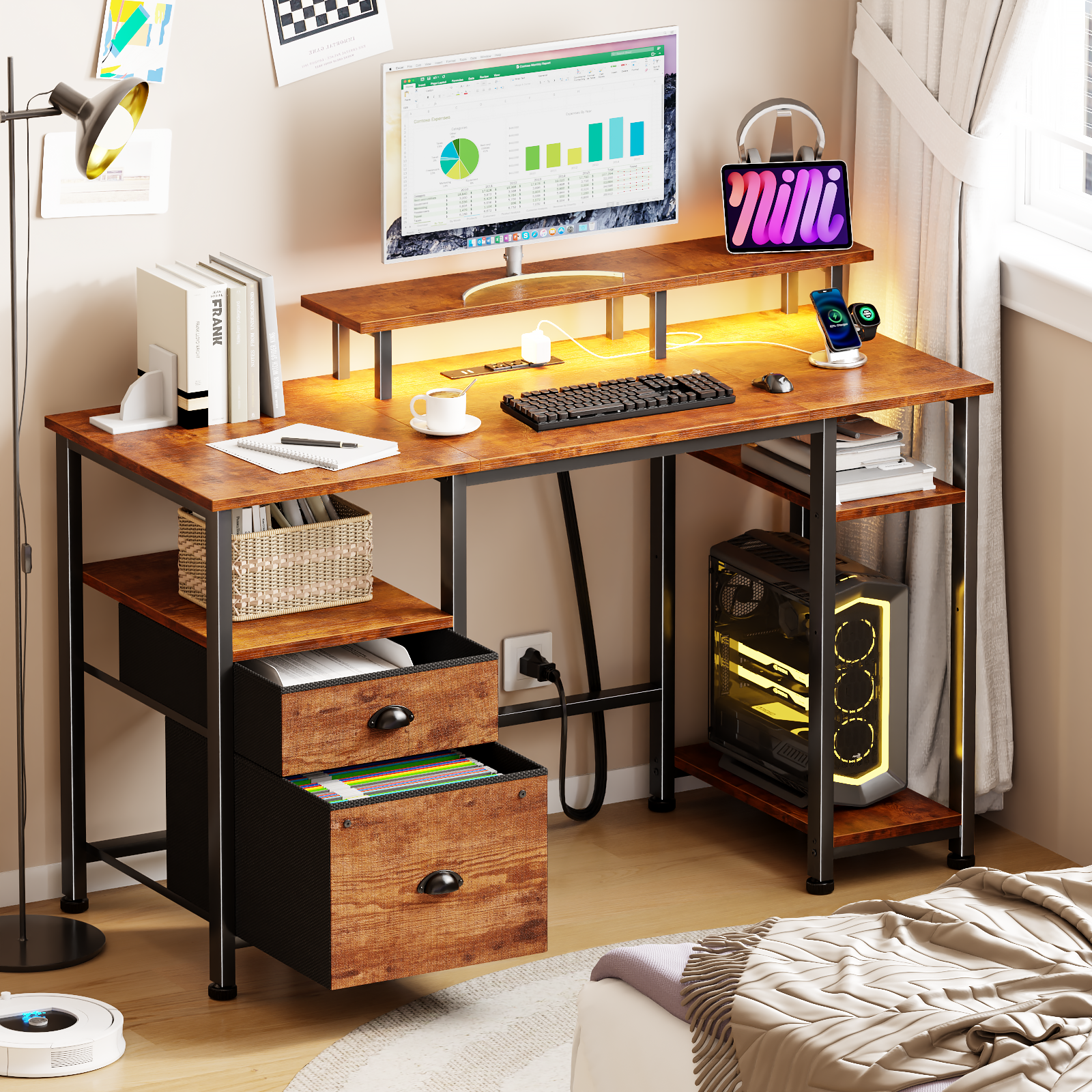 Brown 51 Inches Reversible Home Office Computer Desk with File Cabinet Monitor Stand Storage Shelves Power Outlets LED Gaming Study Workstation Table