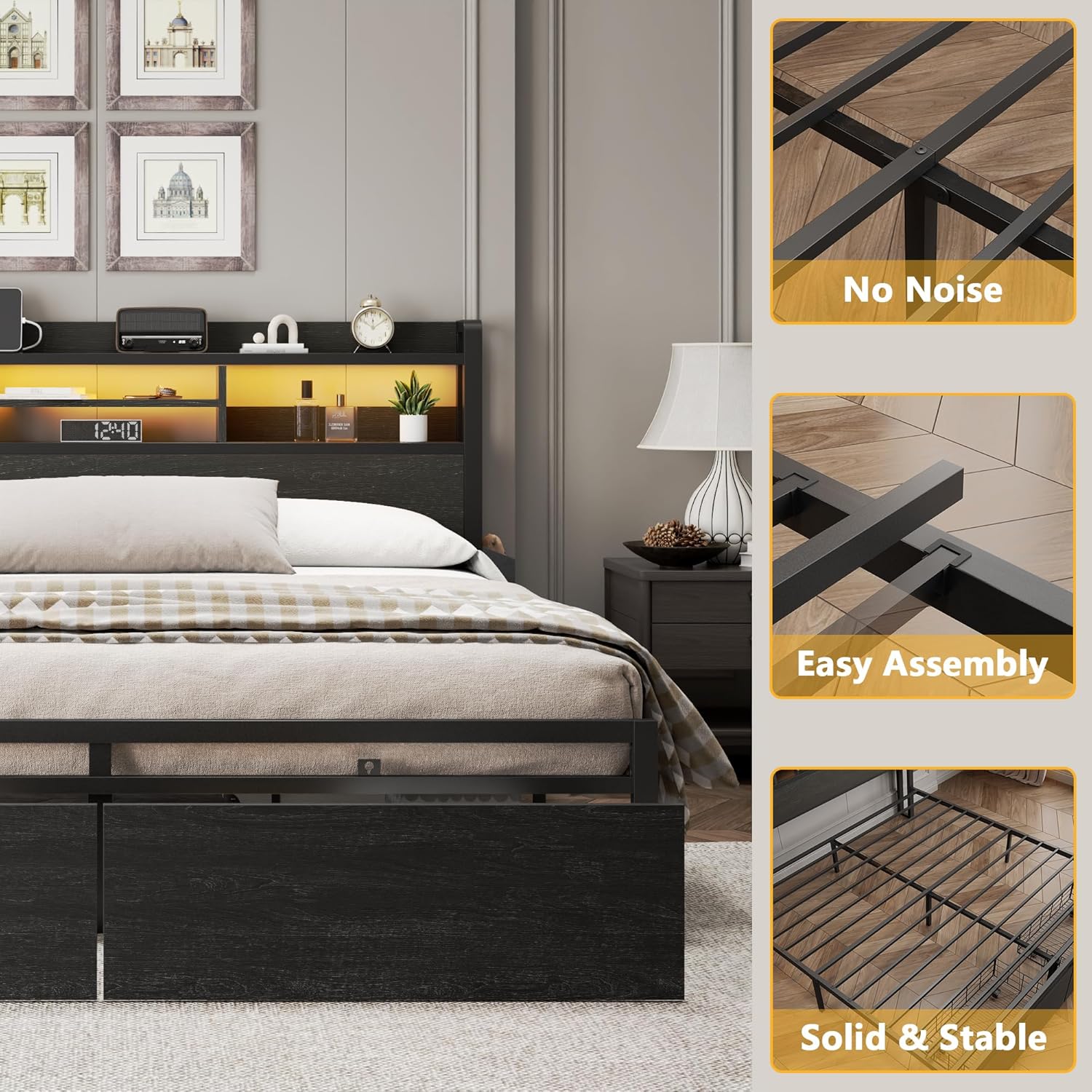 Full Size Bed Frame with Wood Headboard and Storage Shelf Metal Platform Bed Frame Queen Size with Storage Drawers LED Lights and Charging Station