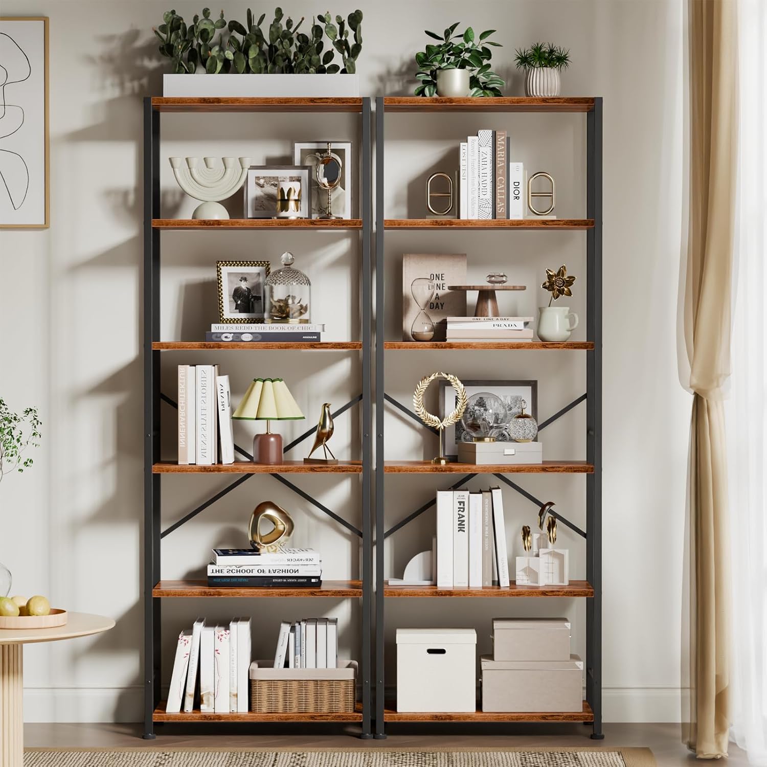 Qwatto Brown 6 Tier Tall Wide Bookshelf Industrial Wood Metal Freestanding Open Display Shelving Unit Storage Organizer Etagere Bookcase Home Office