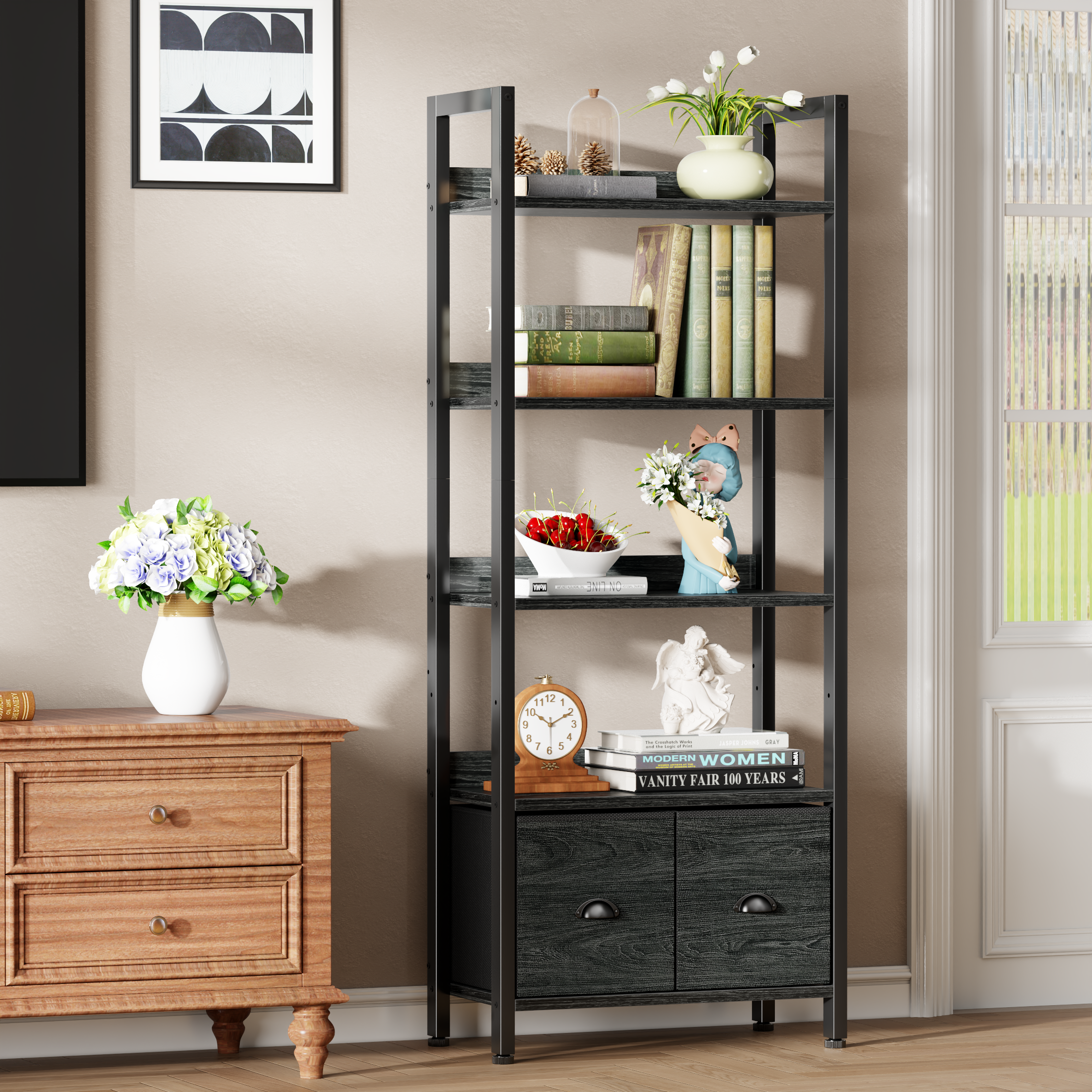 5 Tier Industrial Tall Bookcase with Two Storage Drawers Wood Metal Display Bookshelf Standing Organizer Shelf for Home Office Living Room Black Oak