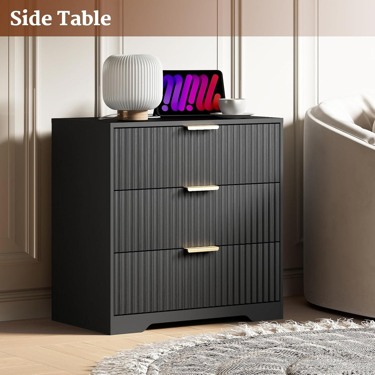 Black 3 Drawer Nightstand Fluted Wood Bedside Table Modern Storage Cabinet Wide Bedroom Dresser Accent Furniture Large 27 Inch Chest Organizer