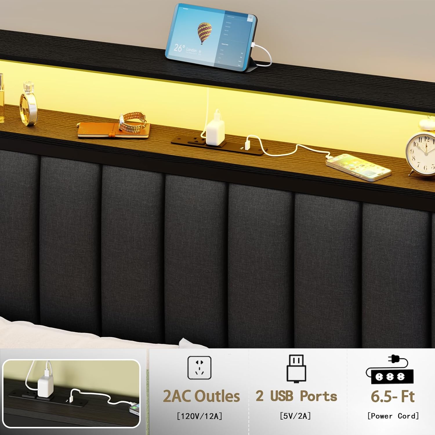 Full Bed Frames Grey Upholstered Headboard with Shelves Metal Platform Bed with 2 Under-Bed Storage (Fabric Drawer on Wheels) No Box Spring Needed