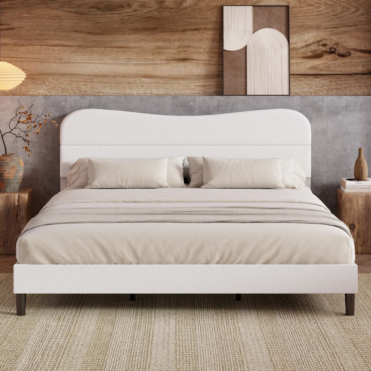 King Size Bed Frame With Teddy Velvet Soft Curved Headboard Platform Bed With Wooden Slats Support Easy Assembly Noise-free