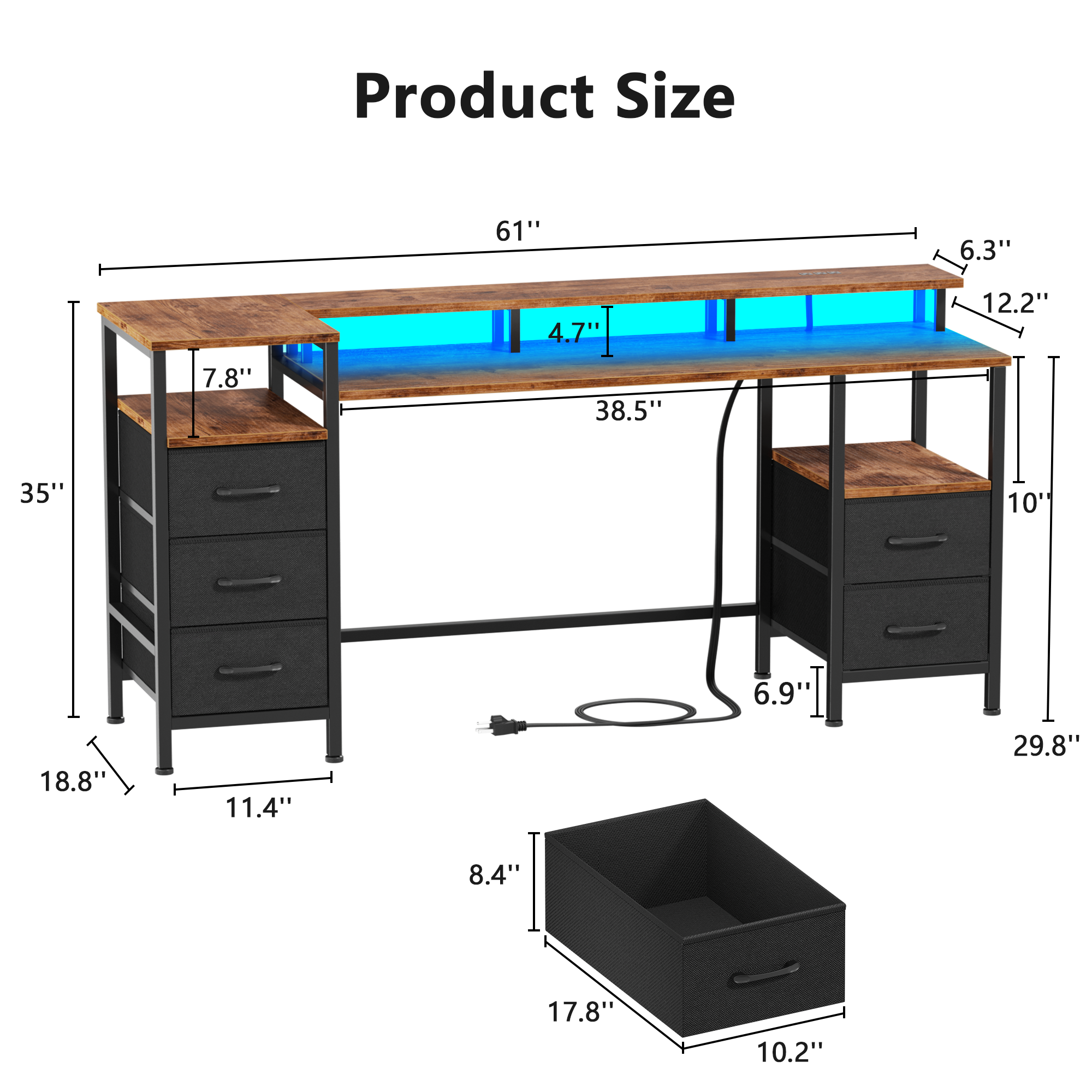 61 Inch Brown Computer Desk with Charging Station Gaming Desk LED Lights Reversible 5 Fabric Drawers Home Office Writing Table Study Storage